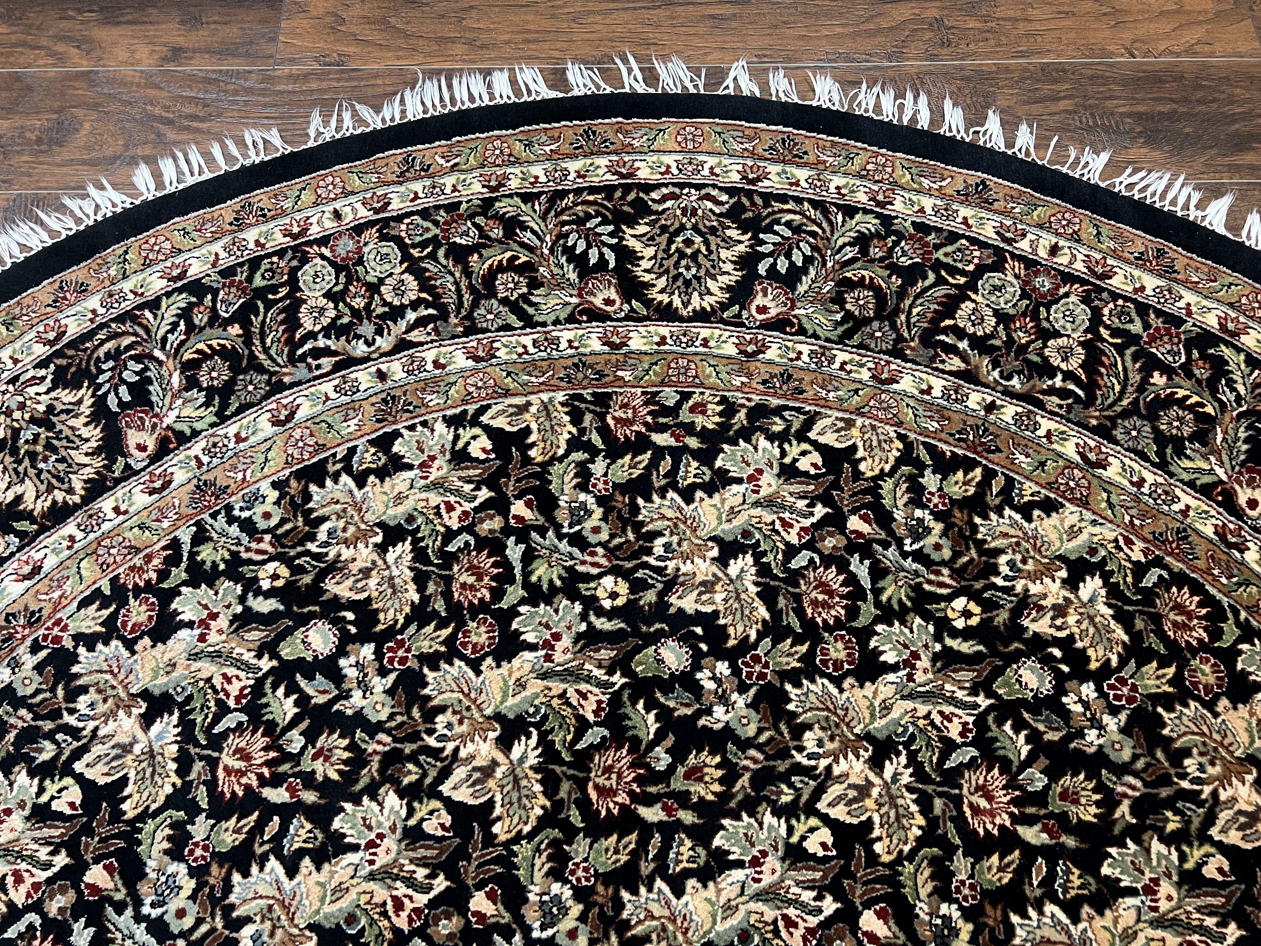 Round Oriental Rug 8x8 ft, William Morris Floral Pattern Carpet, 8 x 8 ft Round Rug, Black Cream and Tan 8ft Round Handmade Indo Persian Rug - Image 2