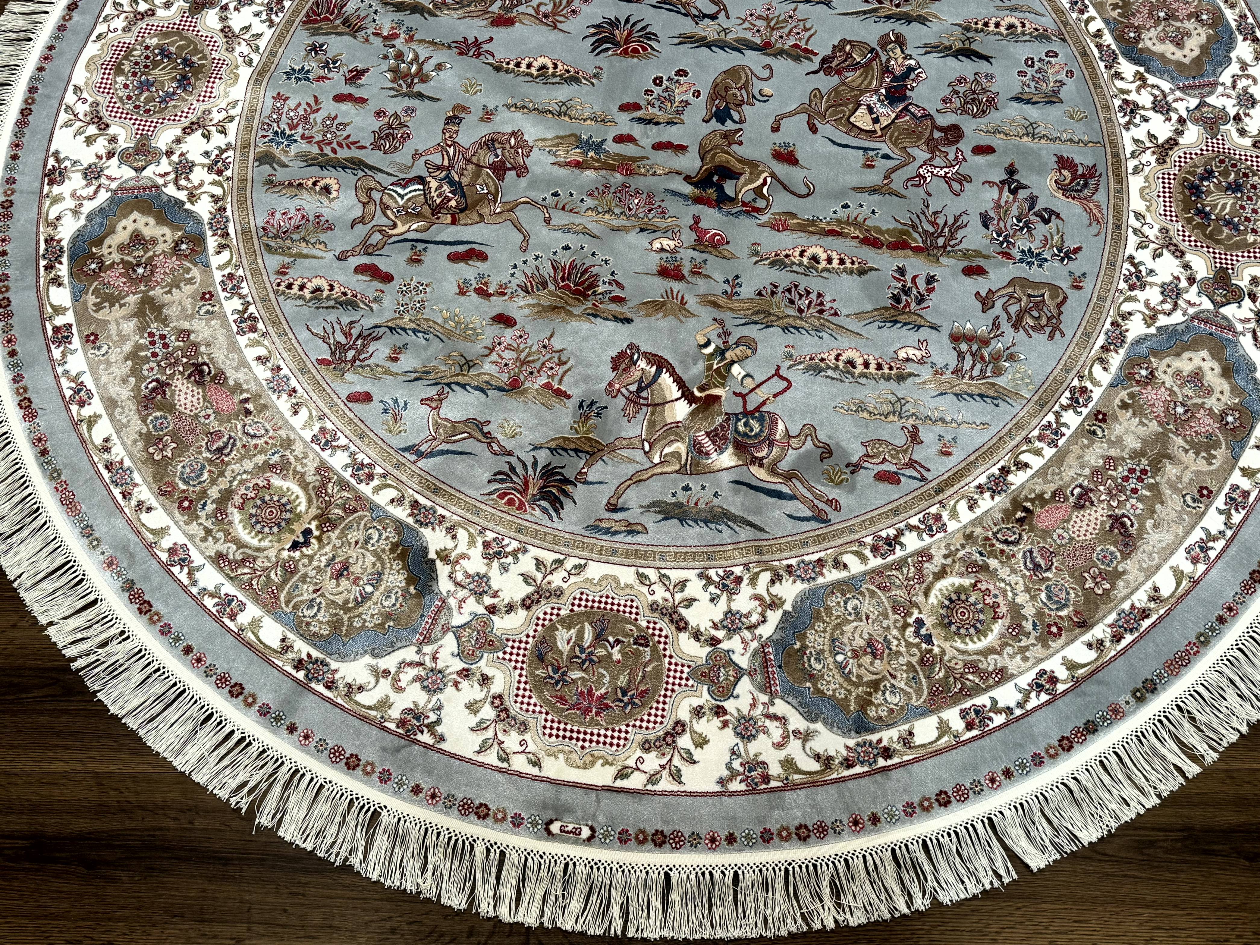 Round Silk Rug 6x6, Hunting Design, Bamboo Silk, Animal Pictorials - Image 5