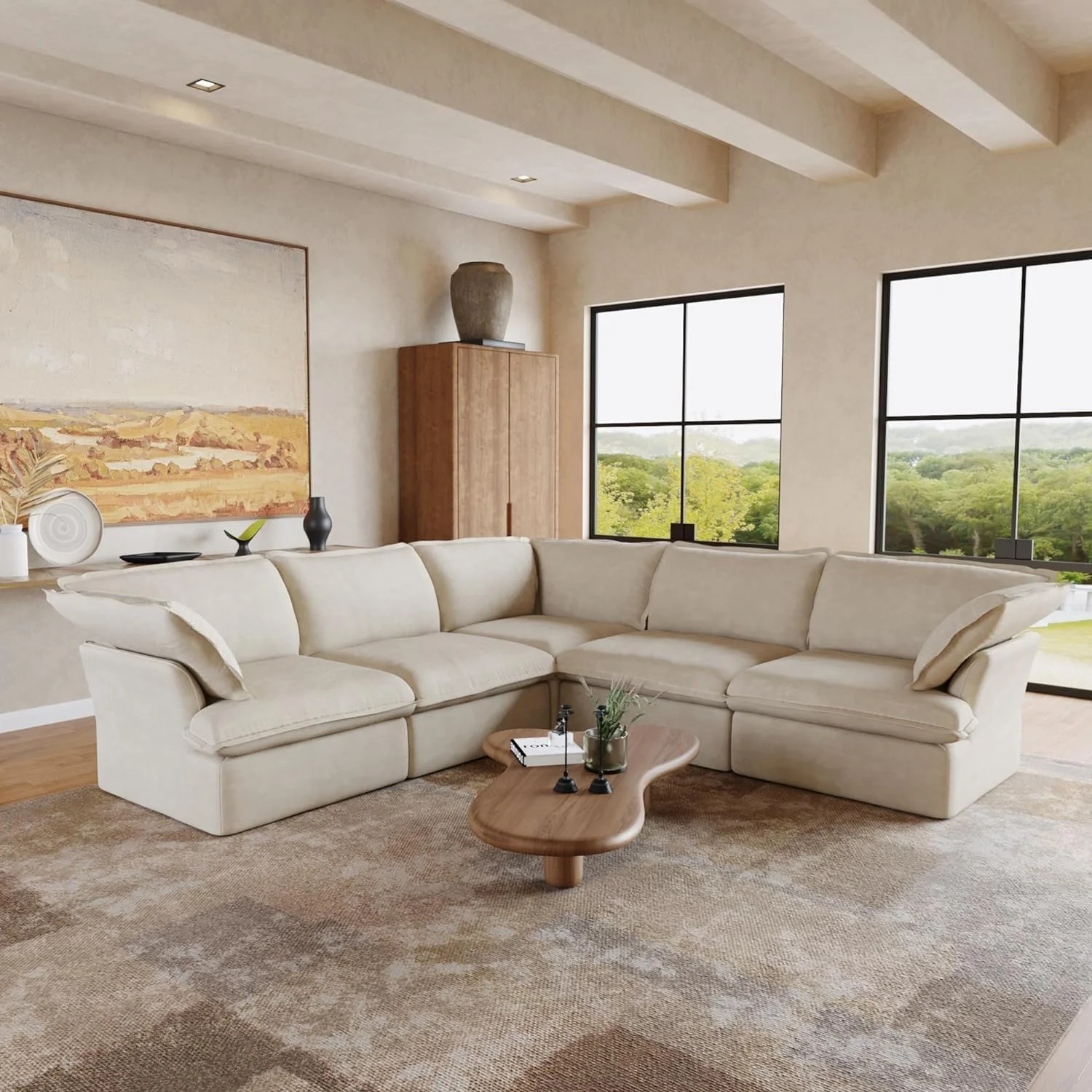 Sabi Modular Boucle Cloud Sofa - Beige - 5-Seater Corner Sectional (V-Shaped)