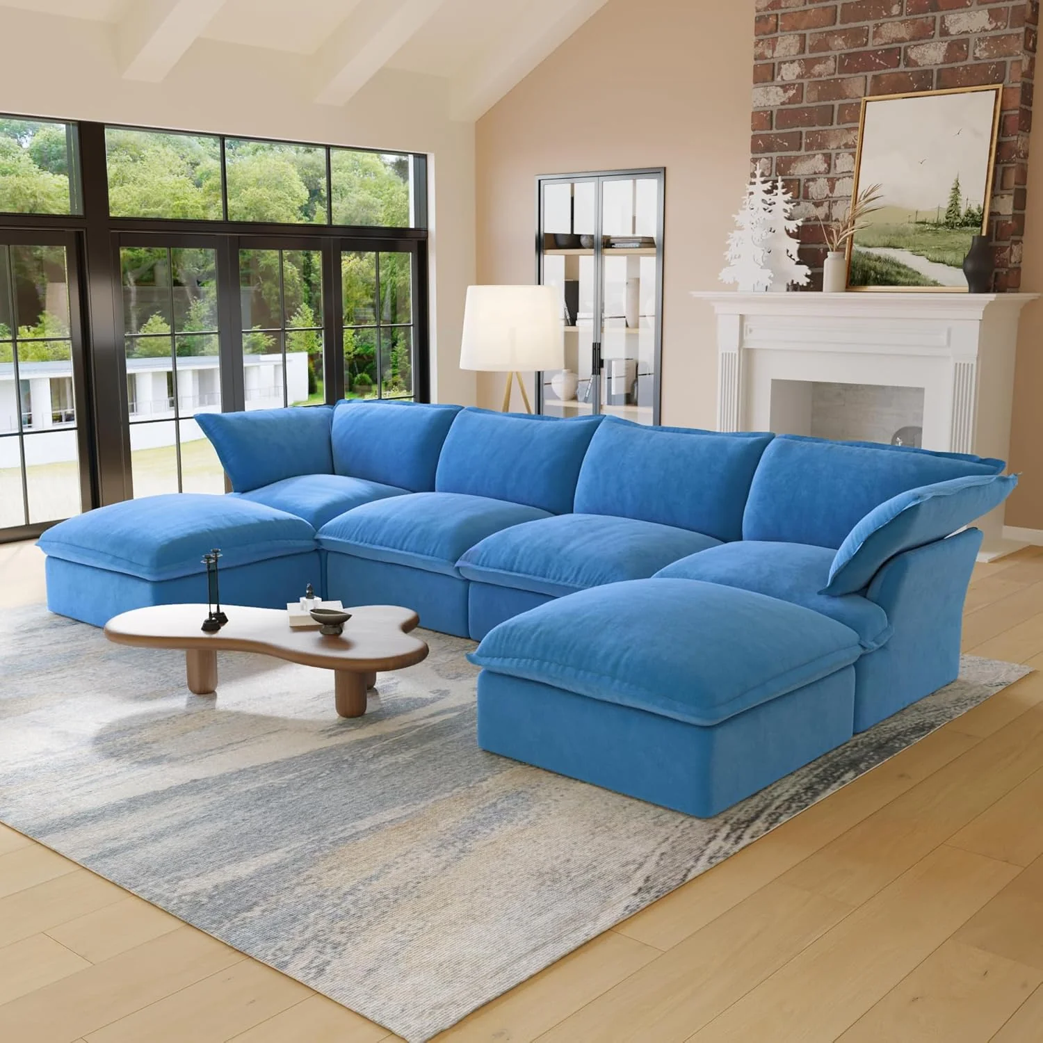 Sabi Modular Boucle Cloud Sofa - Blue - 4-Seater Sectional Sofa with 2 Ottomans - Image 2