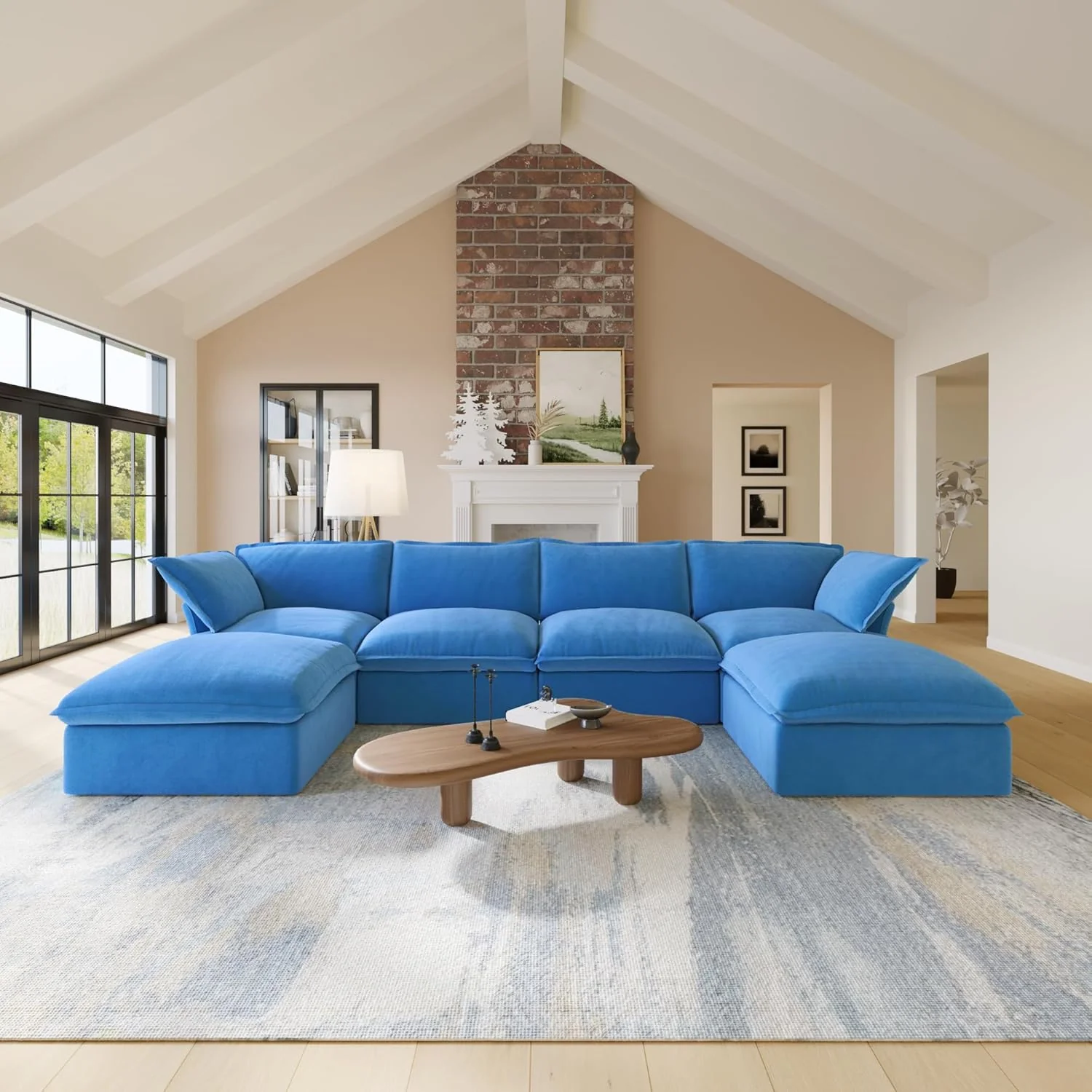 Sabi Modular Boucle Cloud Sofa - Blue - 4-Seater Sectional Sofa with 2 Ottomans - Image 3