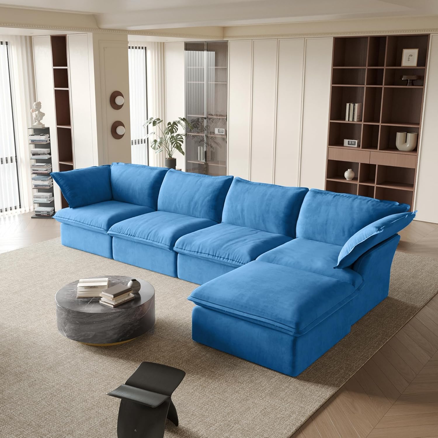 Sabi Modular Boucle Cloud Sofa - Blue - 4-Seater Sectional Sofa with Ottoman - Image 2
