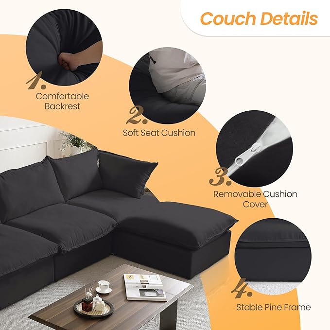 Sabi Modular Boucle Cloud Sofa - Obsidian Black - 4-Seater Sofa - Image 4