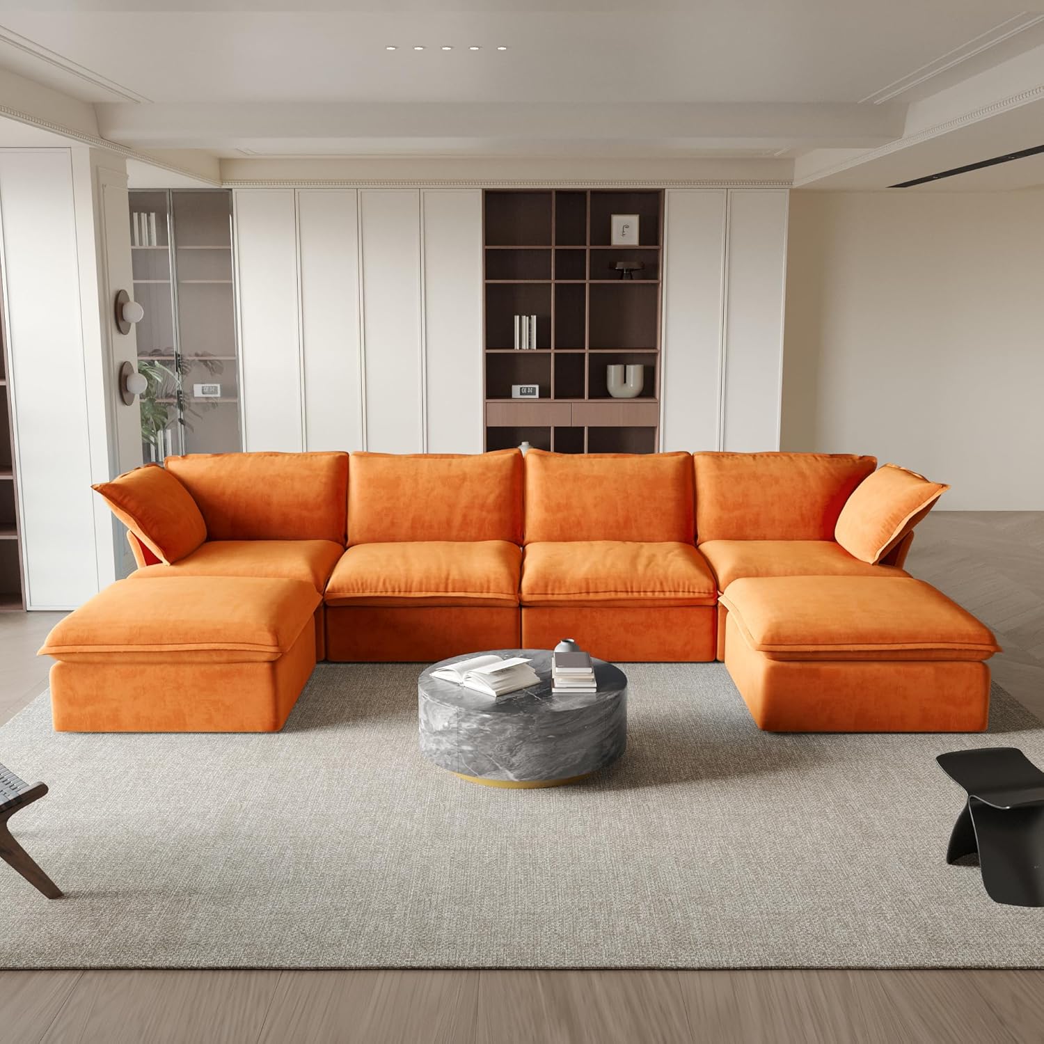 Sabi Modular Boucle Cloud Sofa - Orange - 4-Seater Sectional Sofa with 2 Ottomans - Image 7