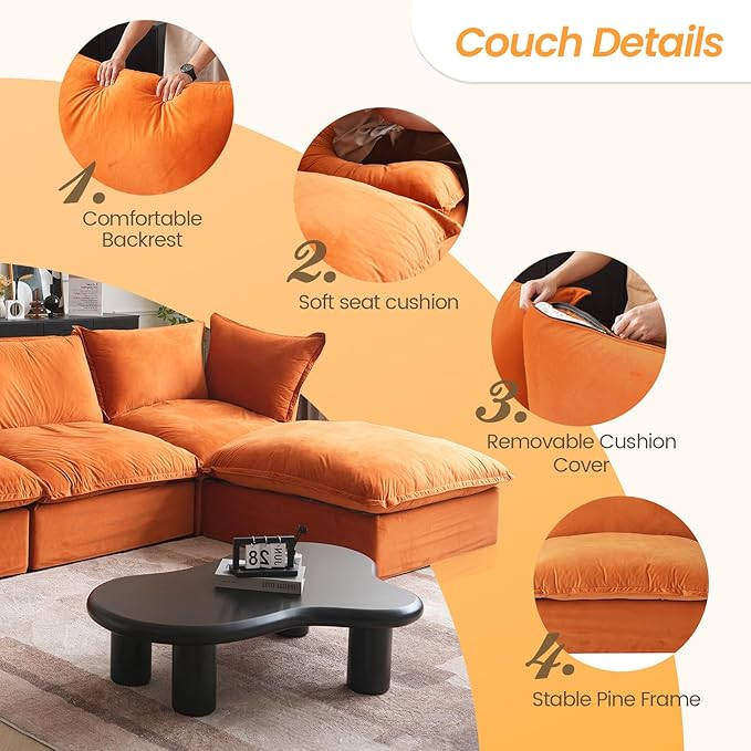 Sabi Modular Boucle Cloud Sofa- Orange - Single Seater Sofa with Ottoman - Image 8
