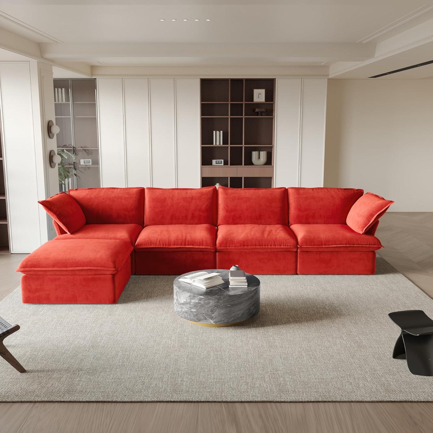 Sabi Modular Boucle Cloud Sofa - Red - 5-Seater Sectional Sofa with Ottoman - Image 2