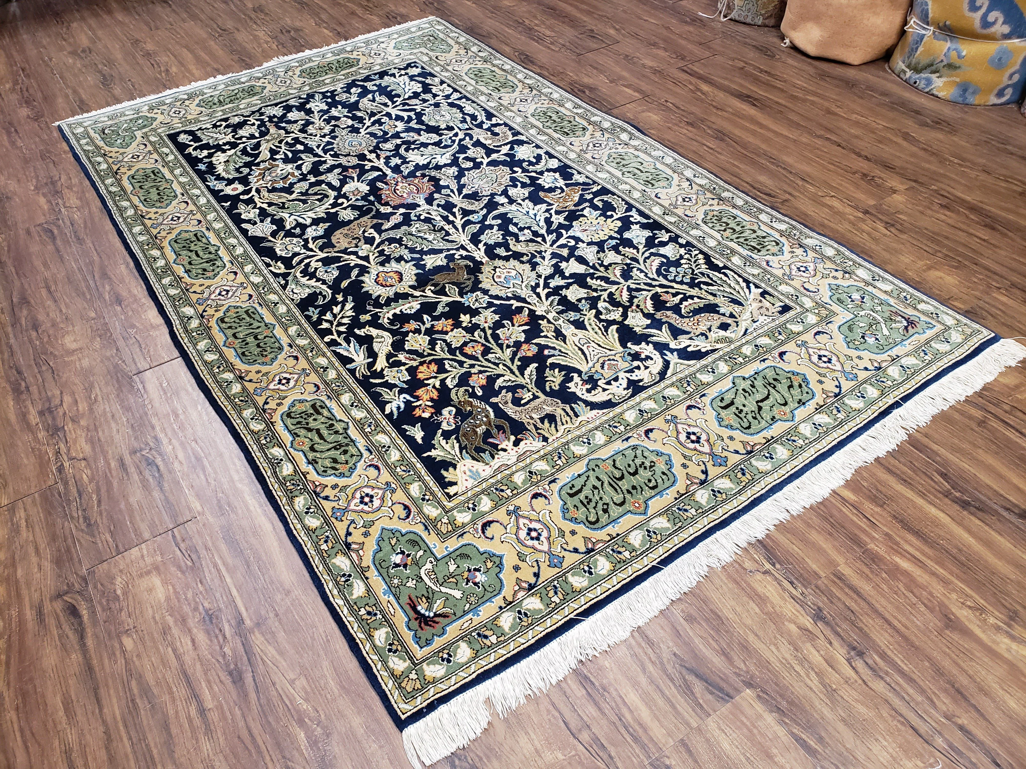 Semi Antique Persian Qum Tree of Life Rug, Hand-Knotted, Wool, Midnight Blue and Tan, Animal Pictorials, Written Poem in Borders, 4' 8" x 7' 8" - Image 12