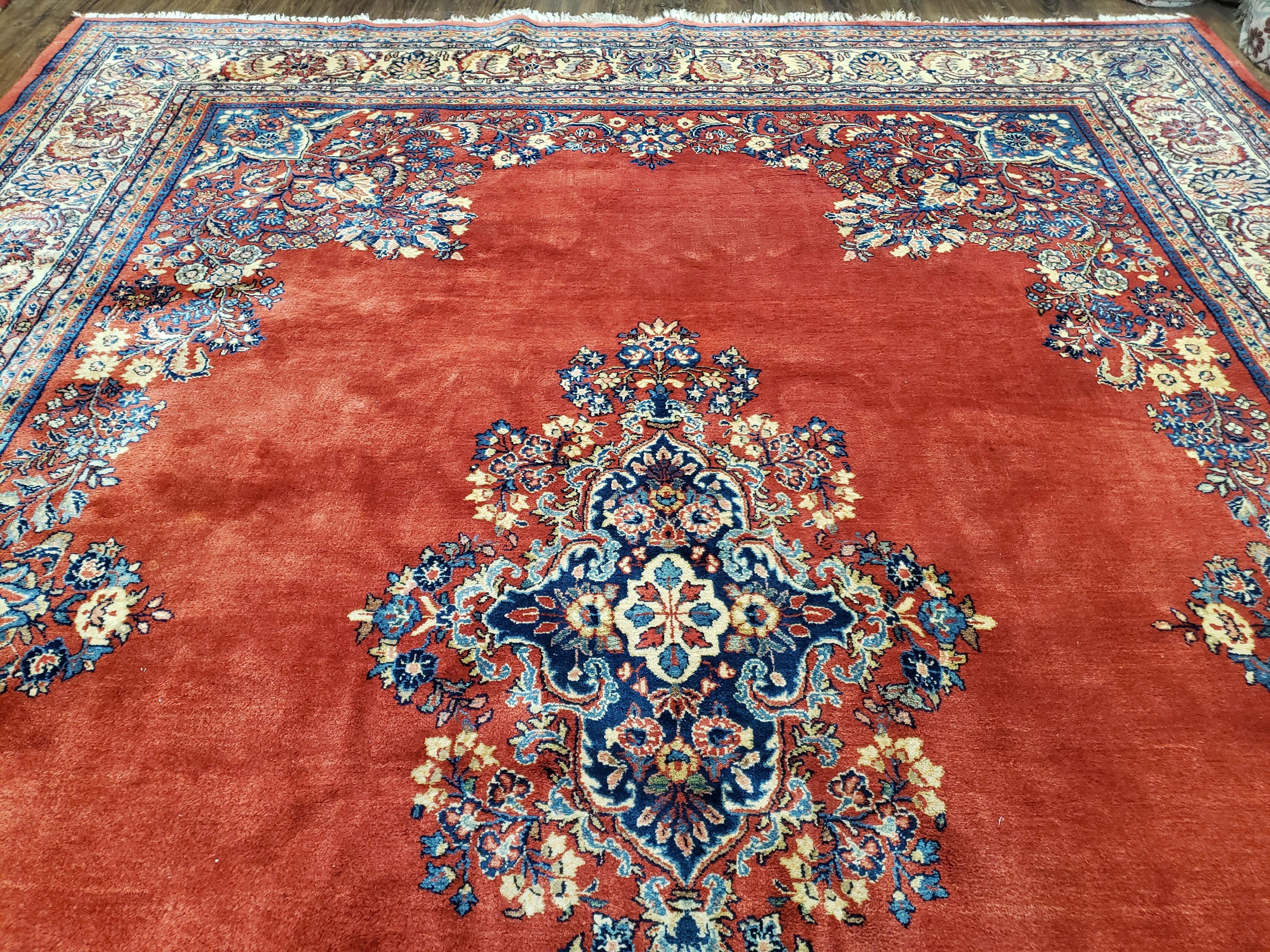 Semi Antique Persian Sarouk Rug 9x12, Semi Open Field with Central Medallion, Hand Knotted Wool, Tomato Red, 9 x 12 Authentic Oriental Carpet - Image 3