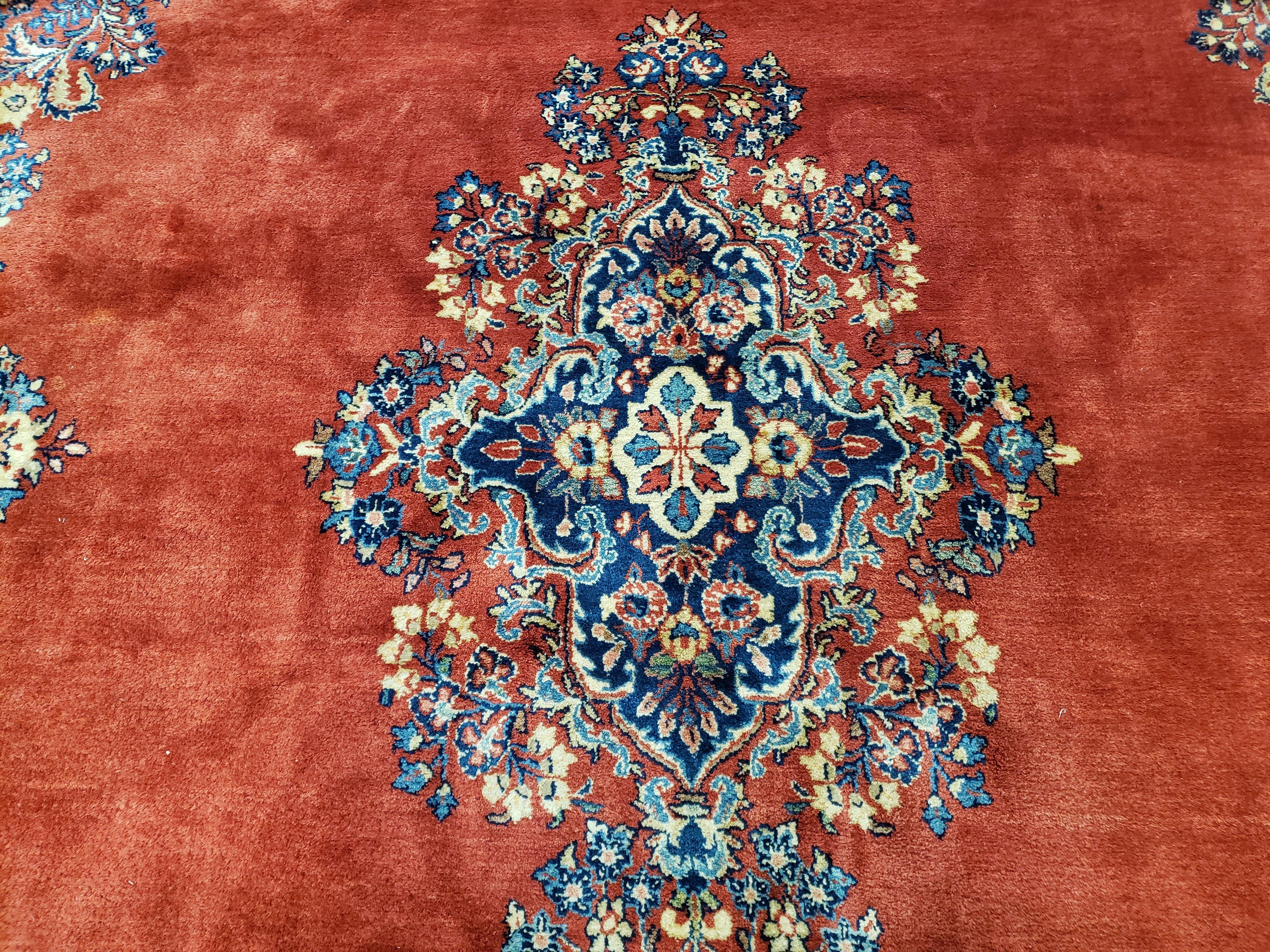 Semi Antique Persian Sarouk Rug 9x12, Semi Open Field with Central Medallion, Hand Knotted Wool, Tomato Red, 9 x 12 Authentic Oriental Carpet - Image 4
