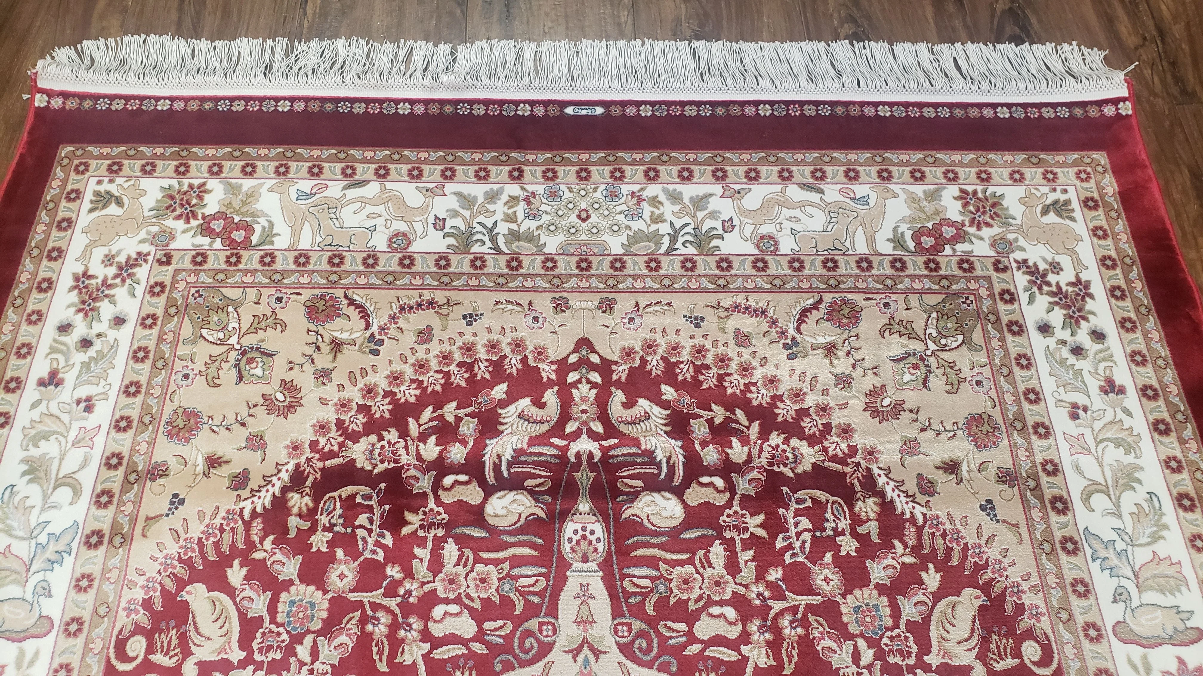 Silk Carpet 4x6 Dark Red & Cream, Tree of Life Rug, Animal Motifs, Birds Deer Rabbits, All Bamboo Silk, 4 x 6 Silk Area Rug - Image 3