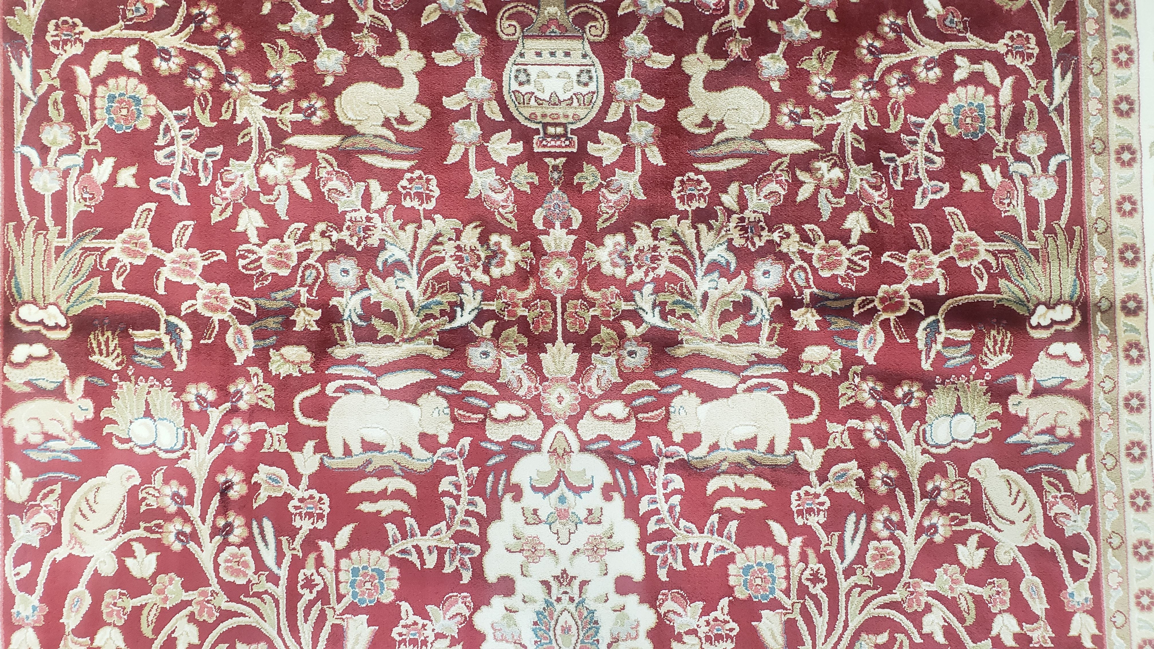 Silk Carpet 4x6 Dark Red & Cream, Tree of Life Rug, Animal Motifs, Birds Deer Rabbits, All Bamboo Silk, 4 x 6 Silk Area Rug - Image 6