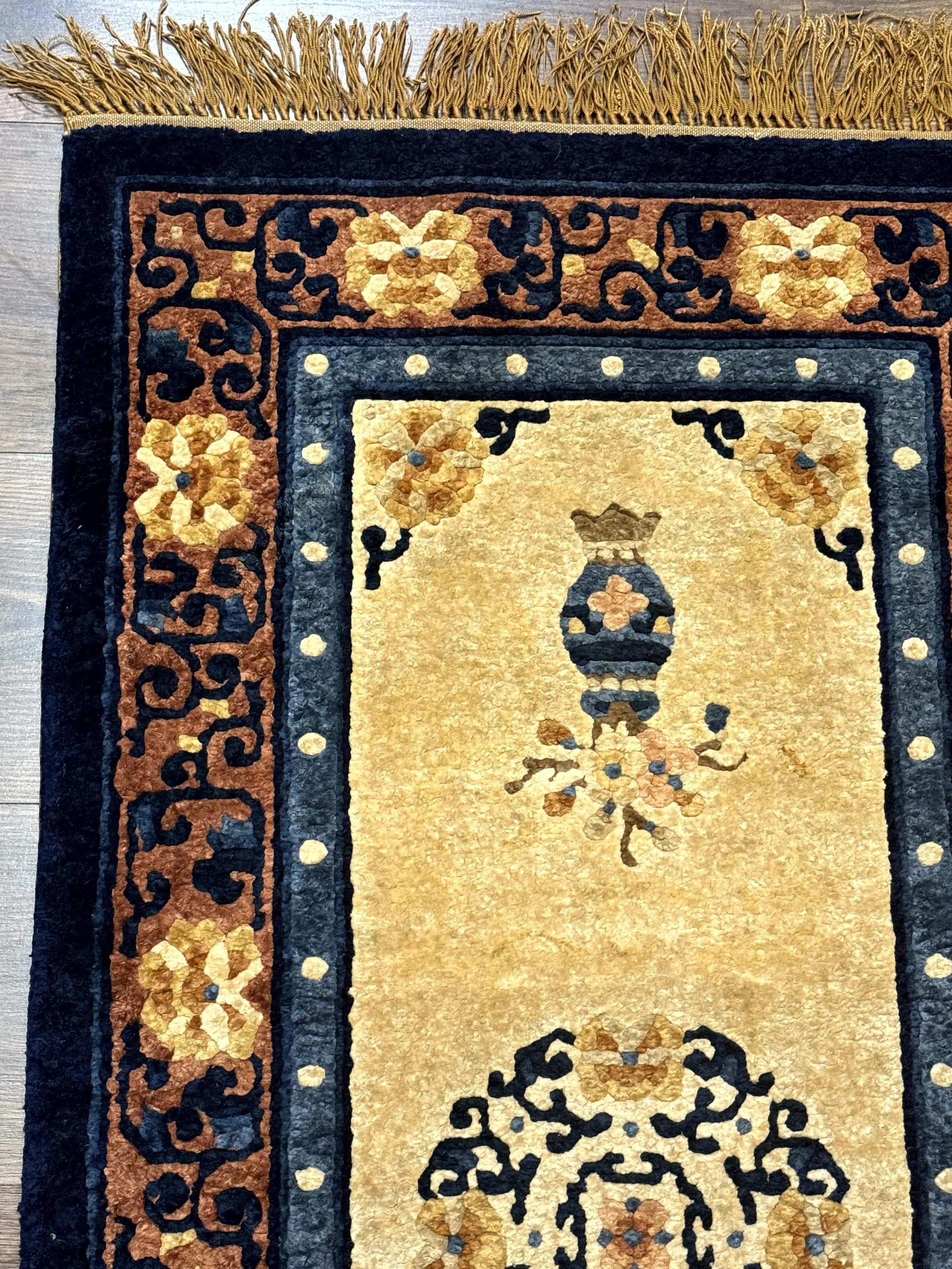 Silk Chinese Rug 2x4, Peking Carpet, Golden-Beige and Blue, Hand Knotted, Simple Design - Image 6