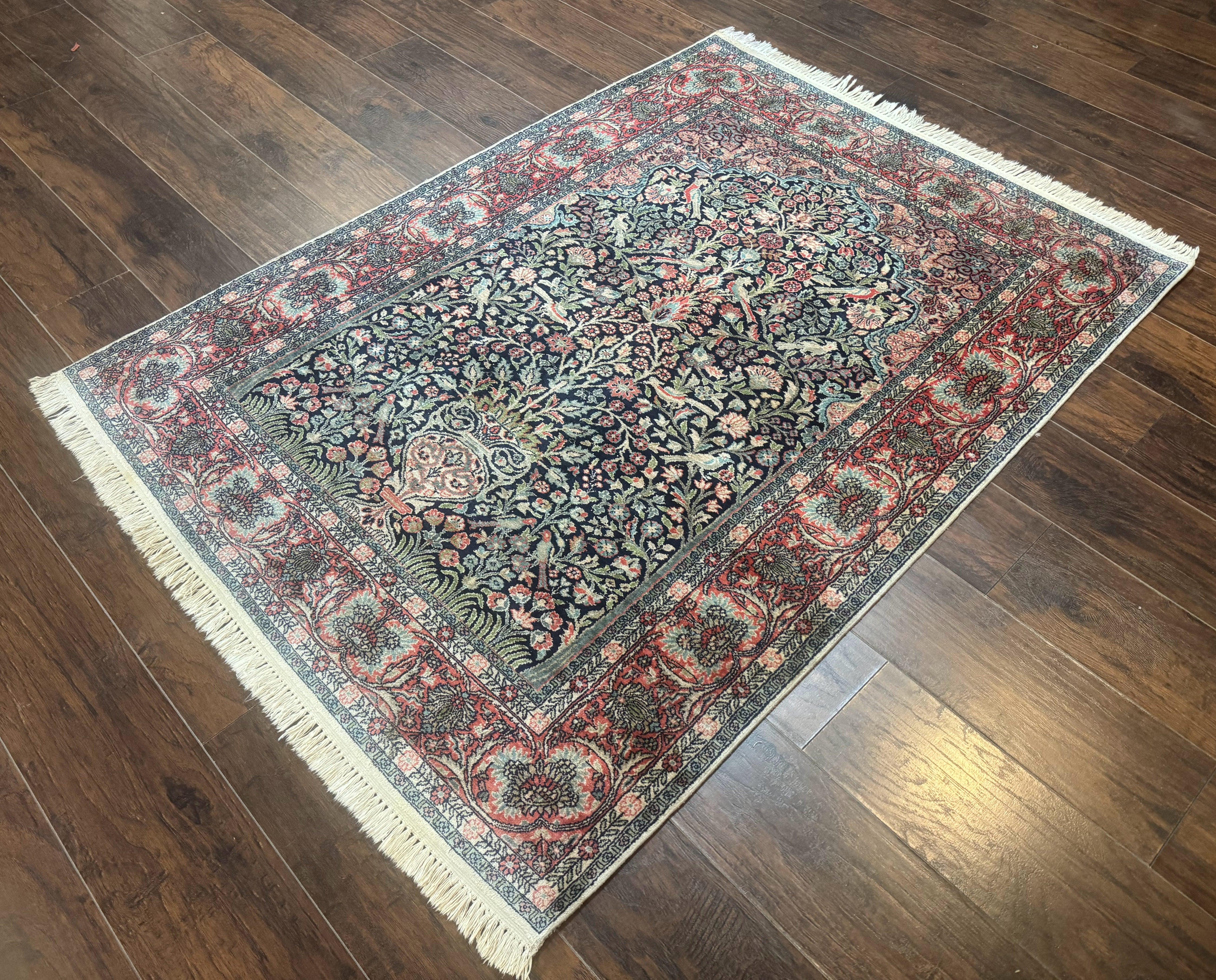 Silk Indian Kashmiri Rug 4x6, Tree of Life Pattern, Birds, Fine 290 KPSI, Navy Blue and Red, Handmade Oriental Carpet - Image 2