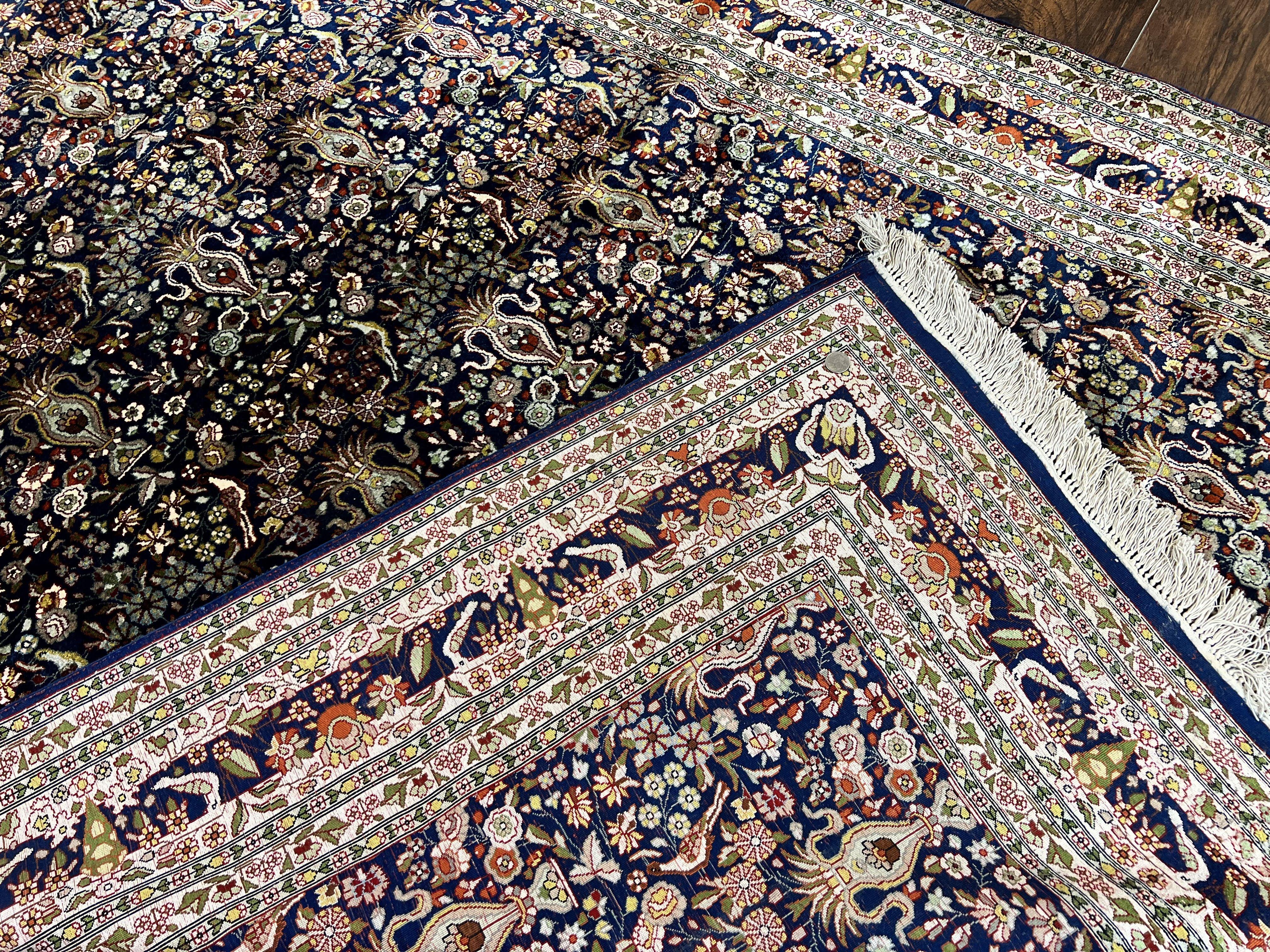 Silk Indian Kashmiri Rug 5x7, Navy Blue Indo Persian Silk Carpet 5 x 7 ft, Hand Knotted Handmade Very Fine Oriental Carpet, 450 KPSI, Birds - Image 11