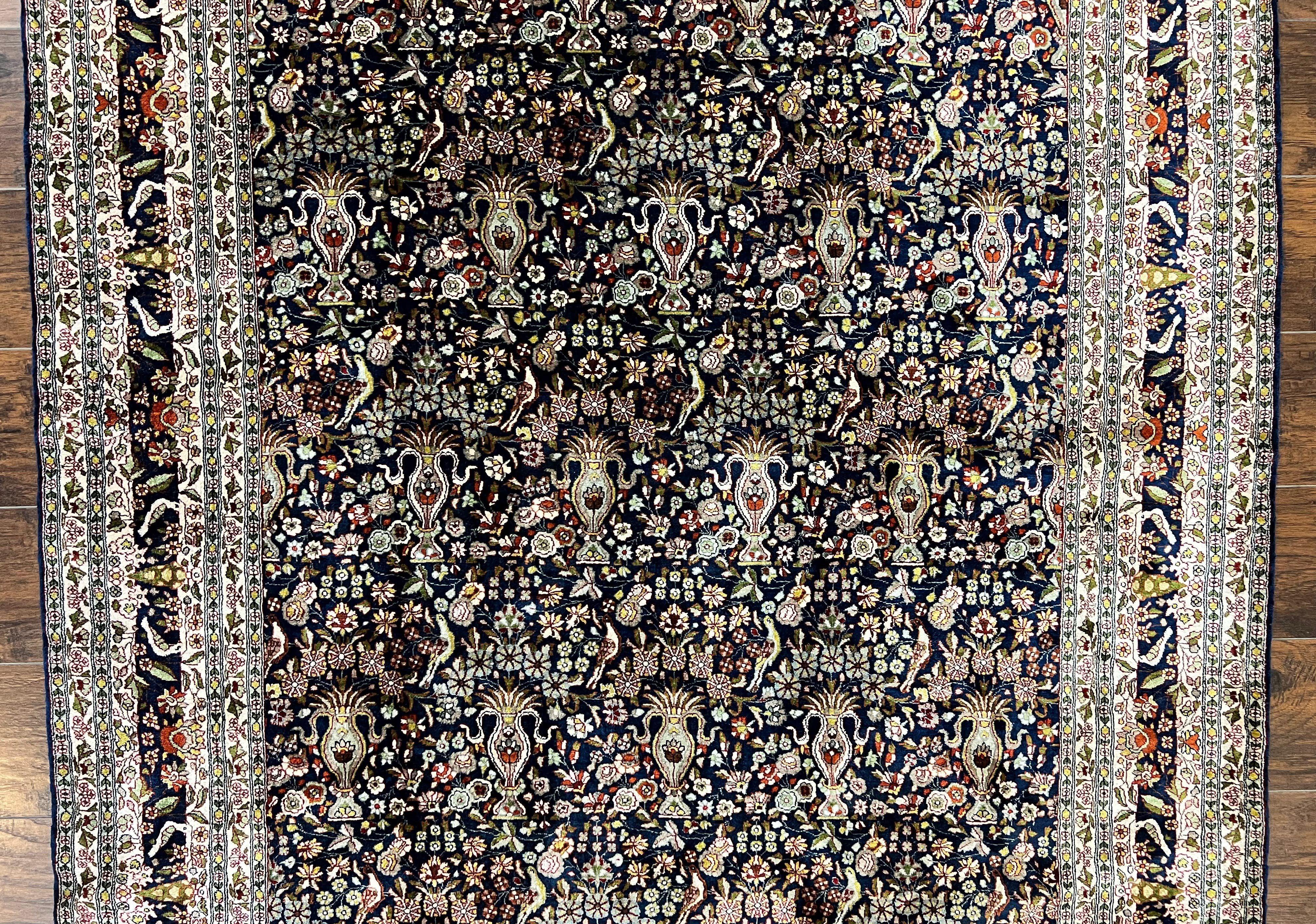 Silk Indian Kashmiri Rug 5x7, Navy Blue Indo Persian Silk Carpet 5 x 7 ft, Hand Knotted Handmade Very Fine Oriental Carpet, 450 KPSI, Birds - Image 4