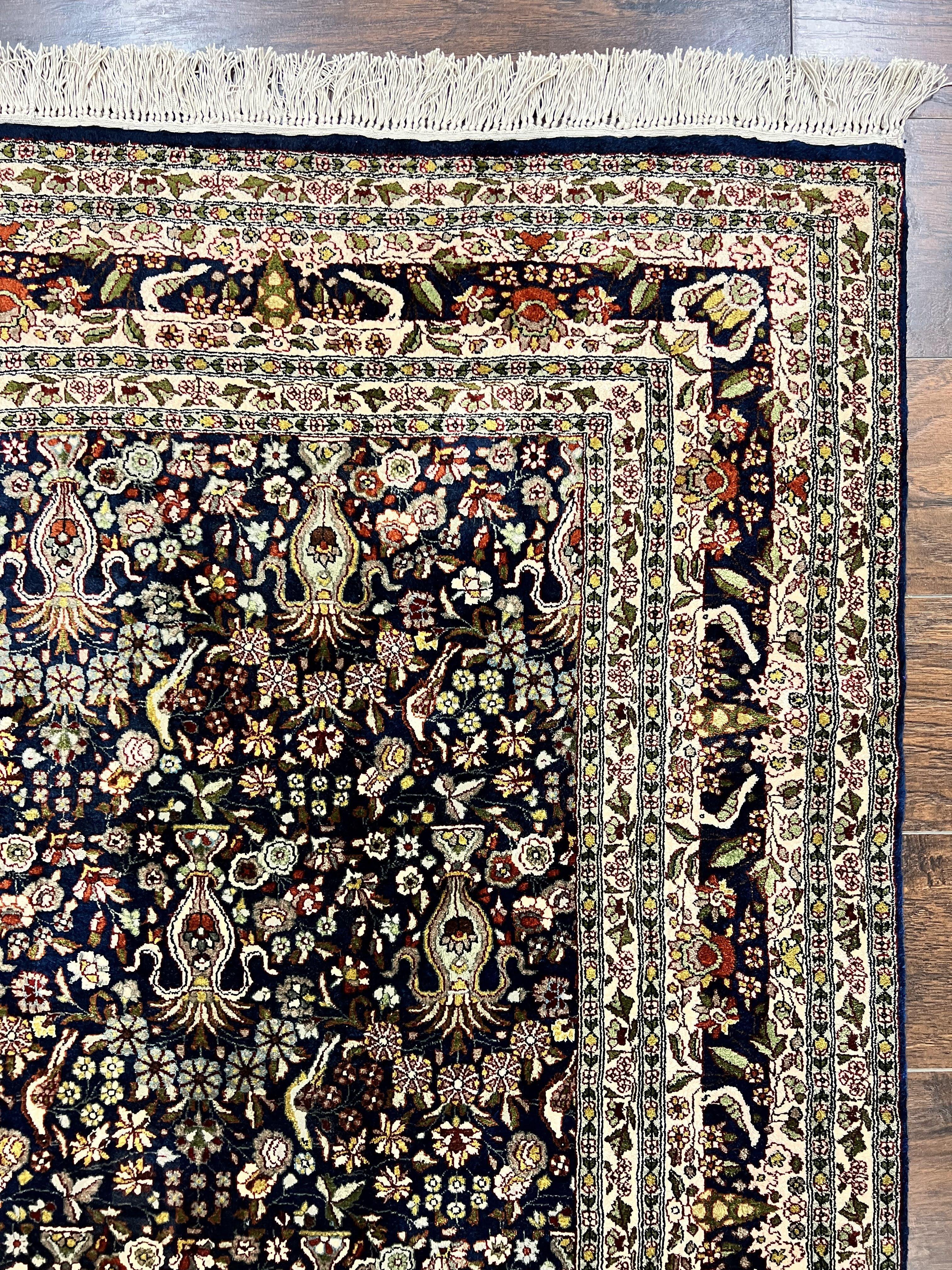Silk Indian Kashmiri Rug 5x7, Navy Blue Indo Persian Silk Carpet 5 x 7 ft, Hand Knotted Handmade Very Fine Oriental Carpet, 450 KPSI, Birds - Image 7