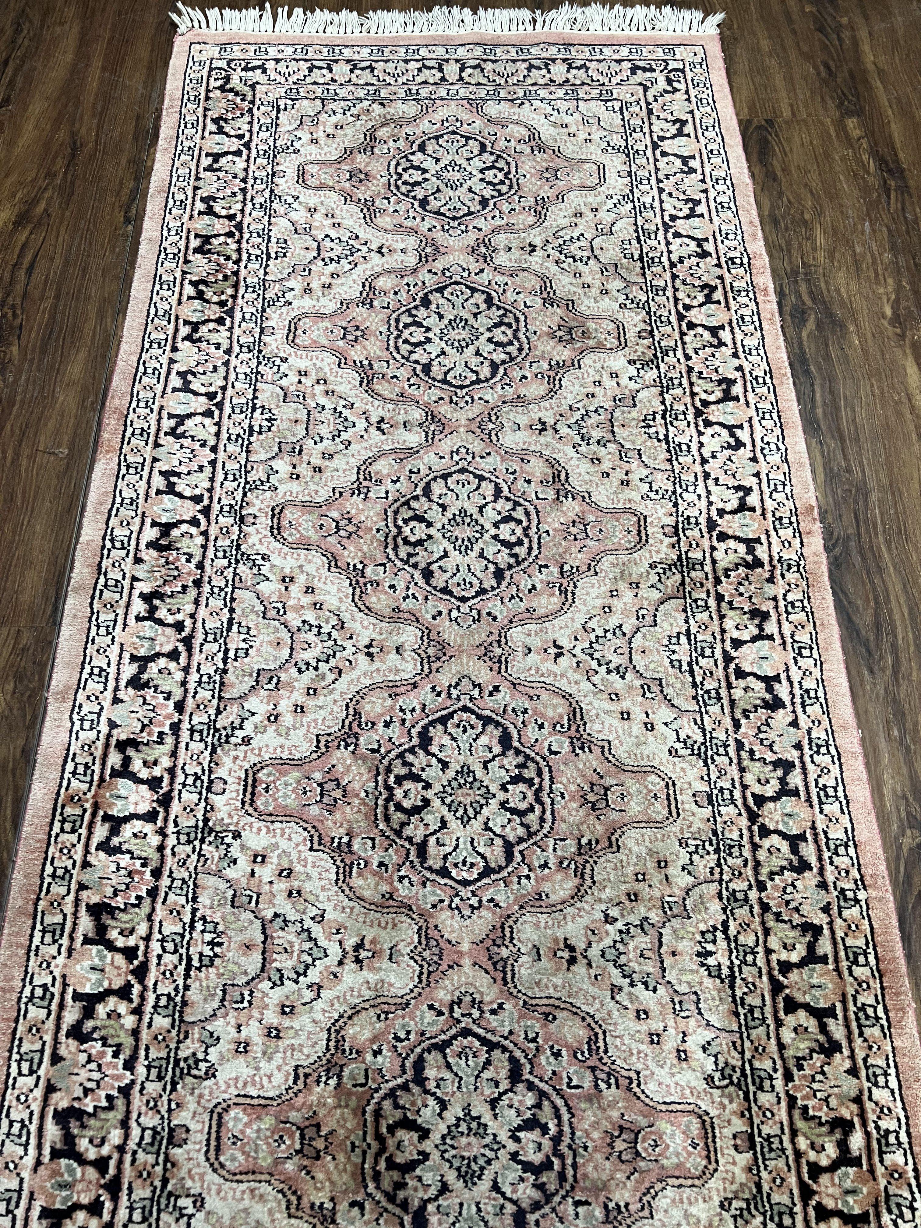 Silk Kashmiri Runner 2.7 x 10 ft Vintage Rug, Ivory Pastel Pink, Hand-Knotted Vintage Runner, Hallway Carpet, Indian Rug Medallion Runner - Image 3
