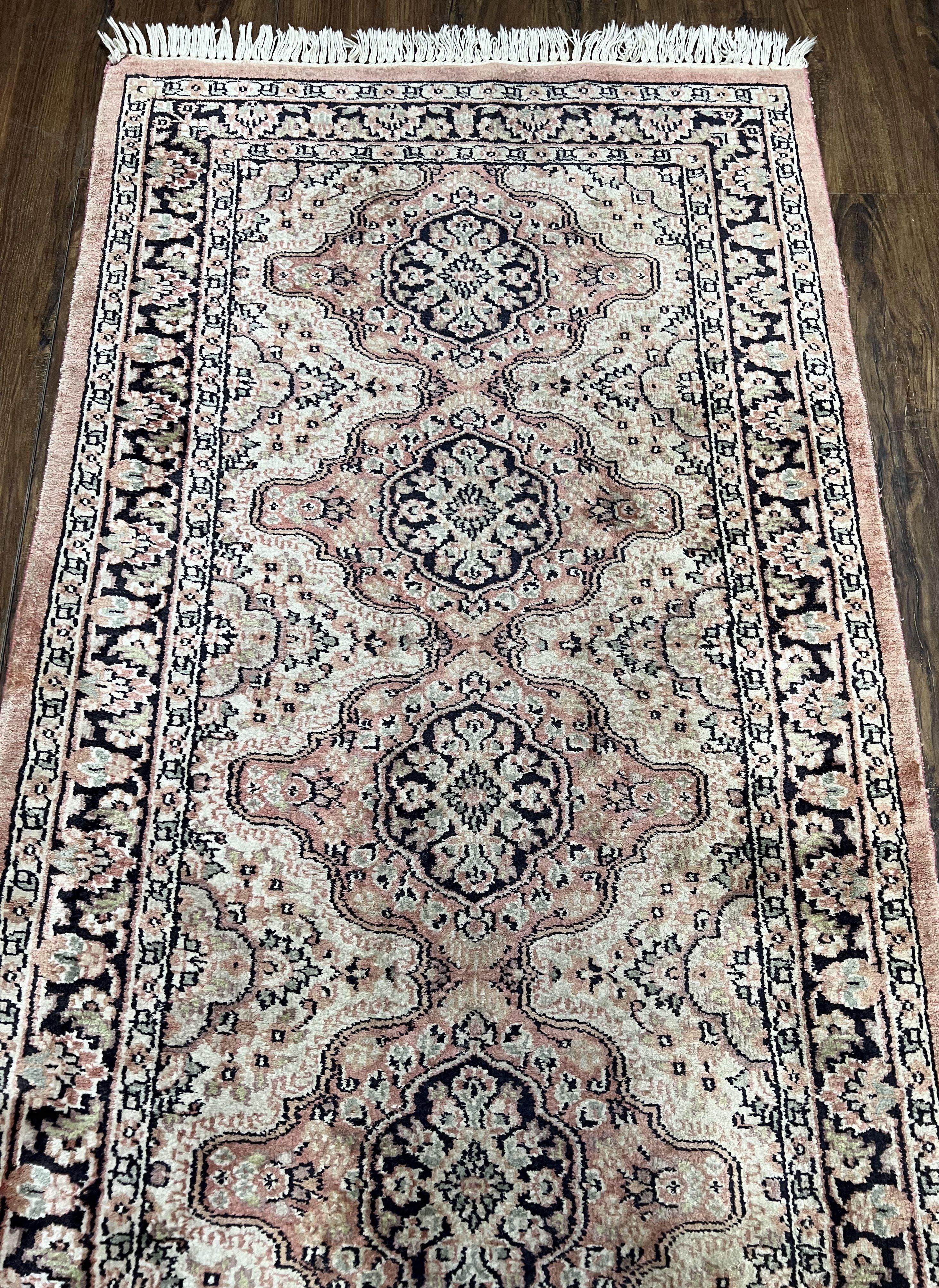 Silk Kashmiri Runner 2.7 x 10 ft Vintage Rug, Ivory Pastel Pink, Hand-Knotted Vintage Runner, Hallway Carpet, Indian Rug Medallion Runner - Image 9