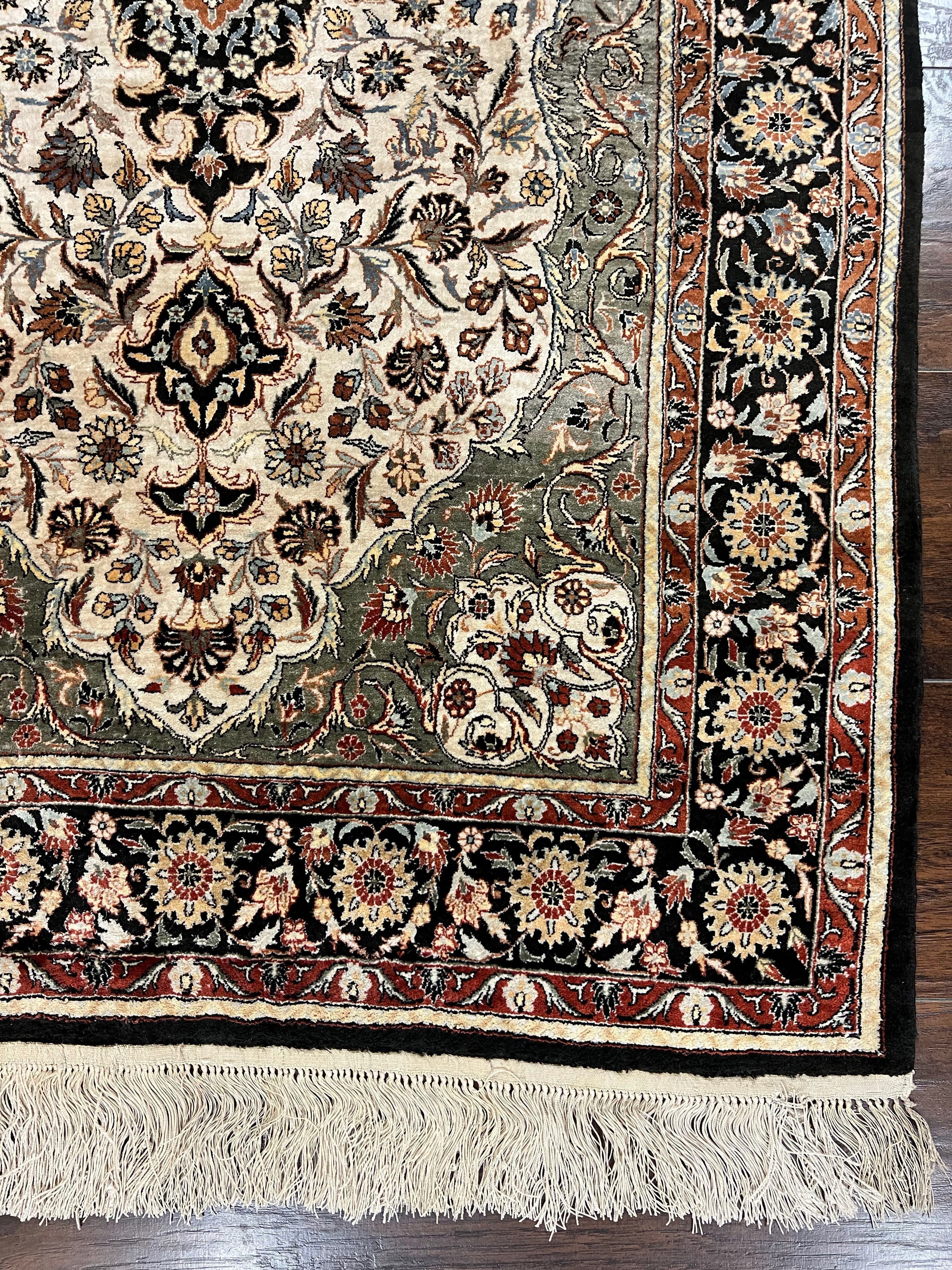 Silk Sino Persian Rug 3x5, Floral Medallion, Hand Knotted Silk Pile Silk Foundation, Traditional Silk Handmade Oriental Carpet, Cream Black - Image 9