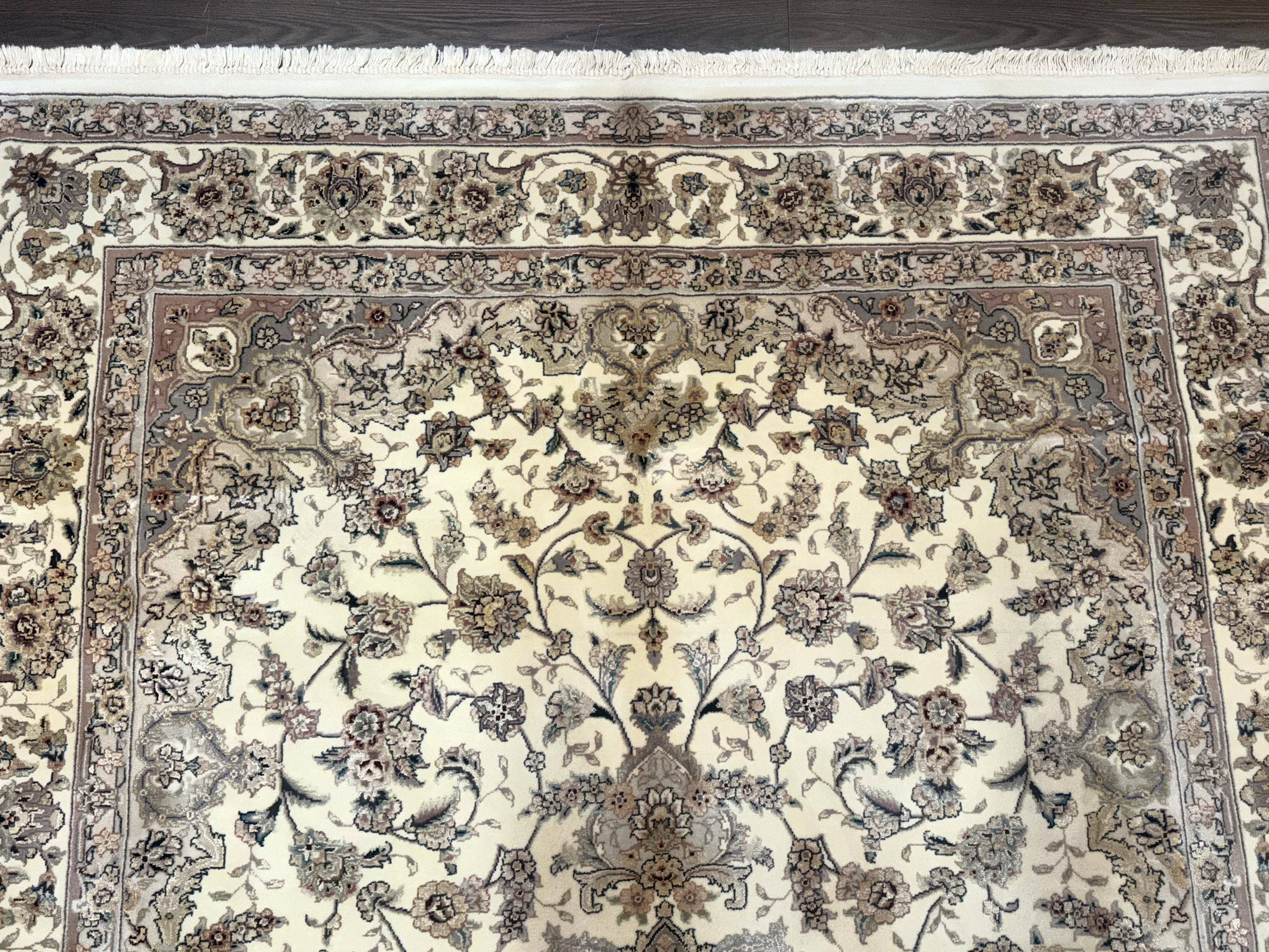 Sino Persian Rug 6x9, Floral Medallion, Ivory & Taupe, Wool with Silk Highlights, Fine 210 KPSI - Image 3