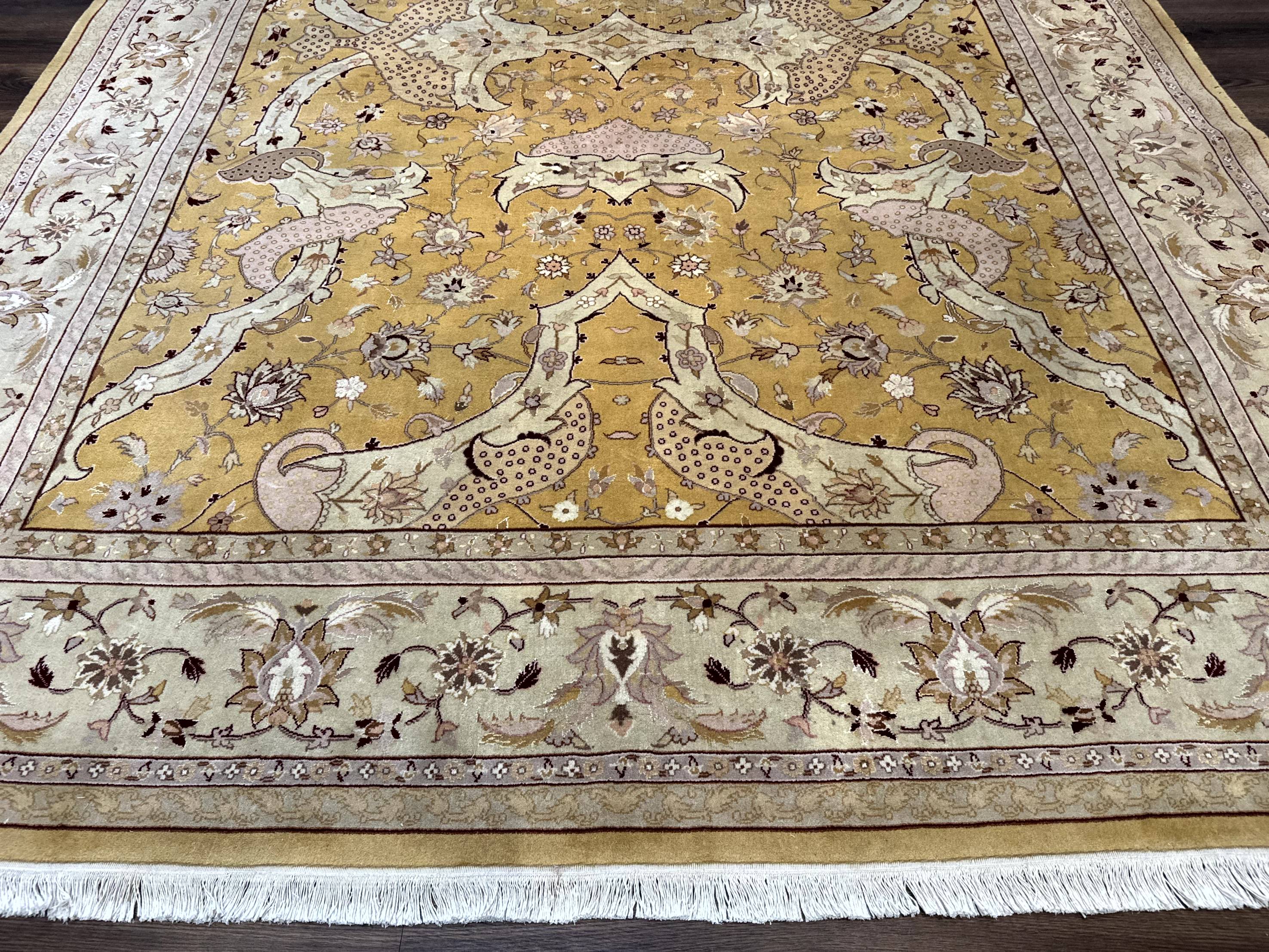 Sino Persian Rug 8x11, Wool with Silk Highlights, Unique Colors, Gold and Light Green, Fine 240 KPSI - Image 5