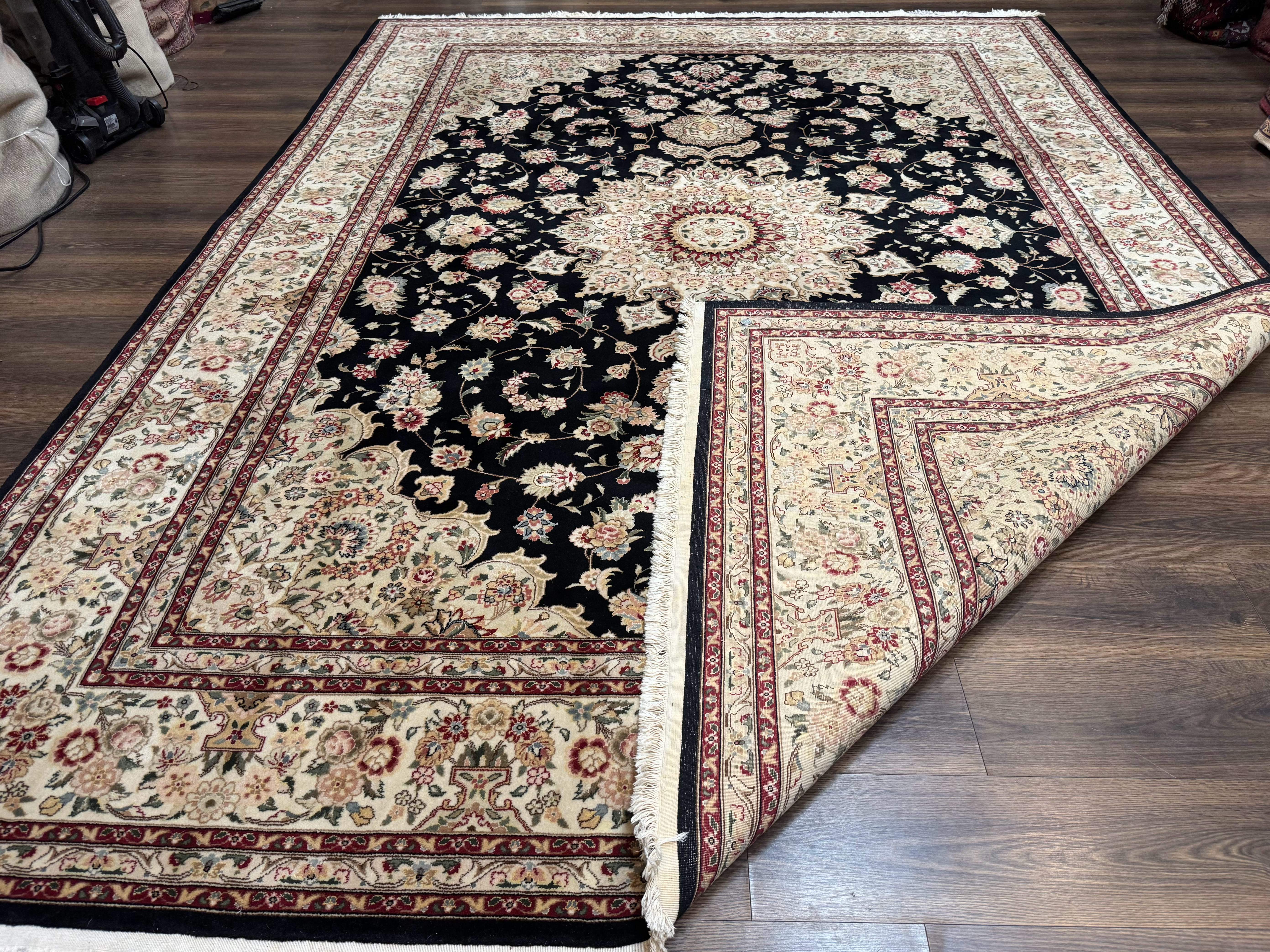 Sino Persian Rug 9x12, Black and Beige, Floral Medallion, Wool & Silk, Handmade - Image 11
