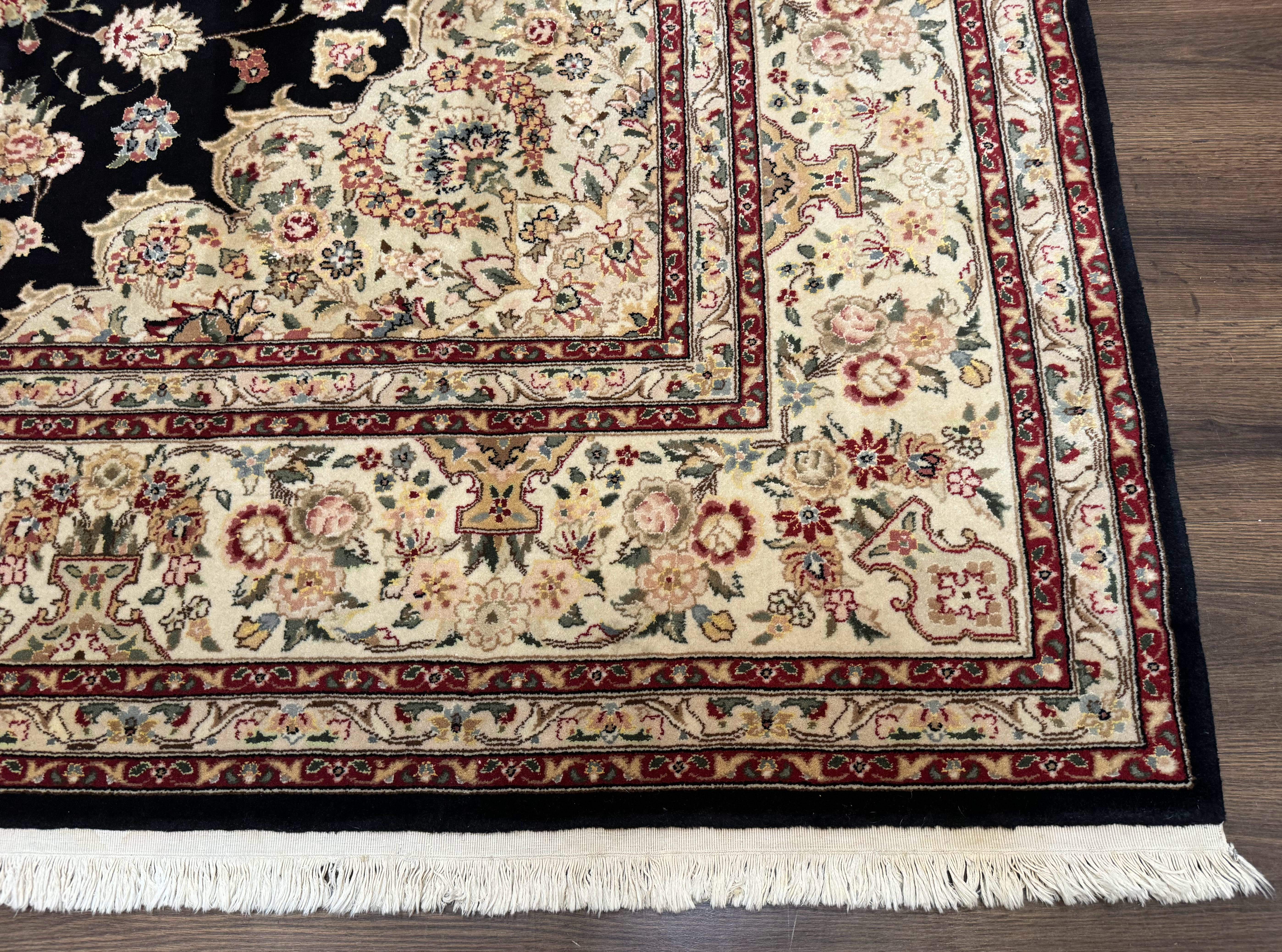 Sino Persian Rug 9x12, Black and Beige, Floral Medallion, Wool & Silk, Handmade - Image 9