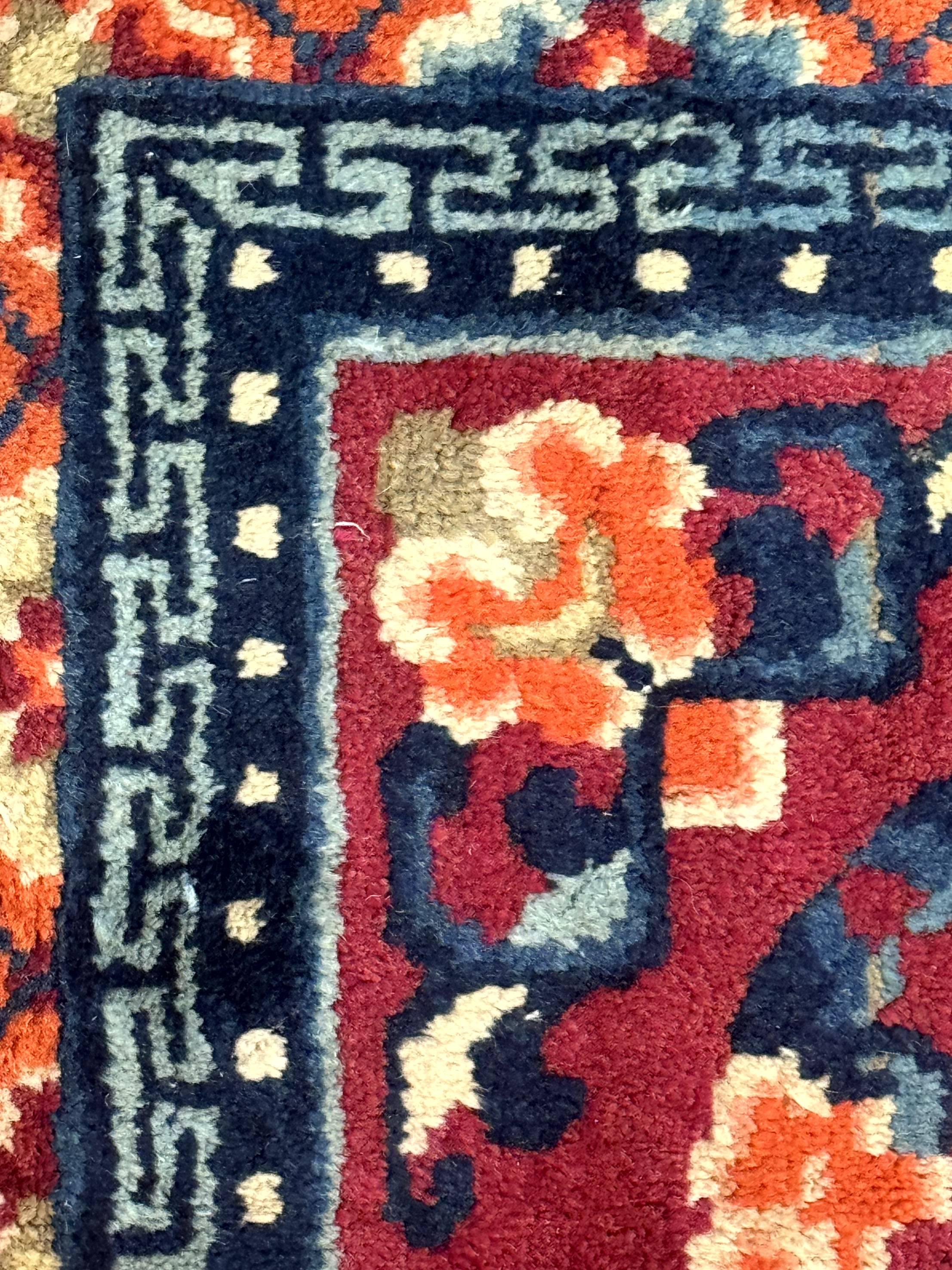 Small Antique Chinese Square Rug 2x3, Tibetan Rug, Red Orange Blue, 1920s Rug - Image 2