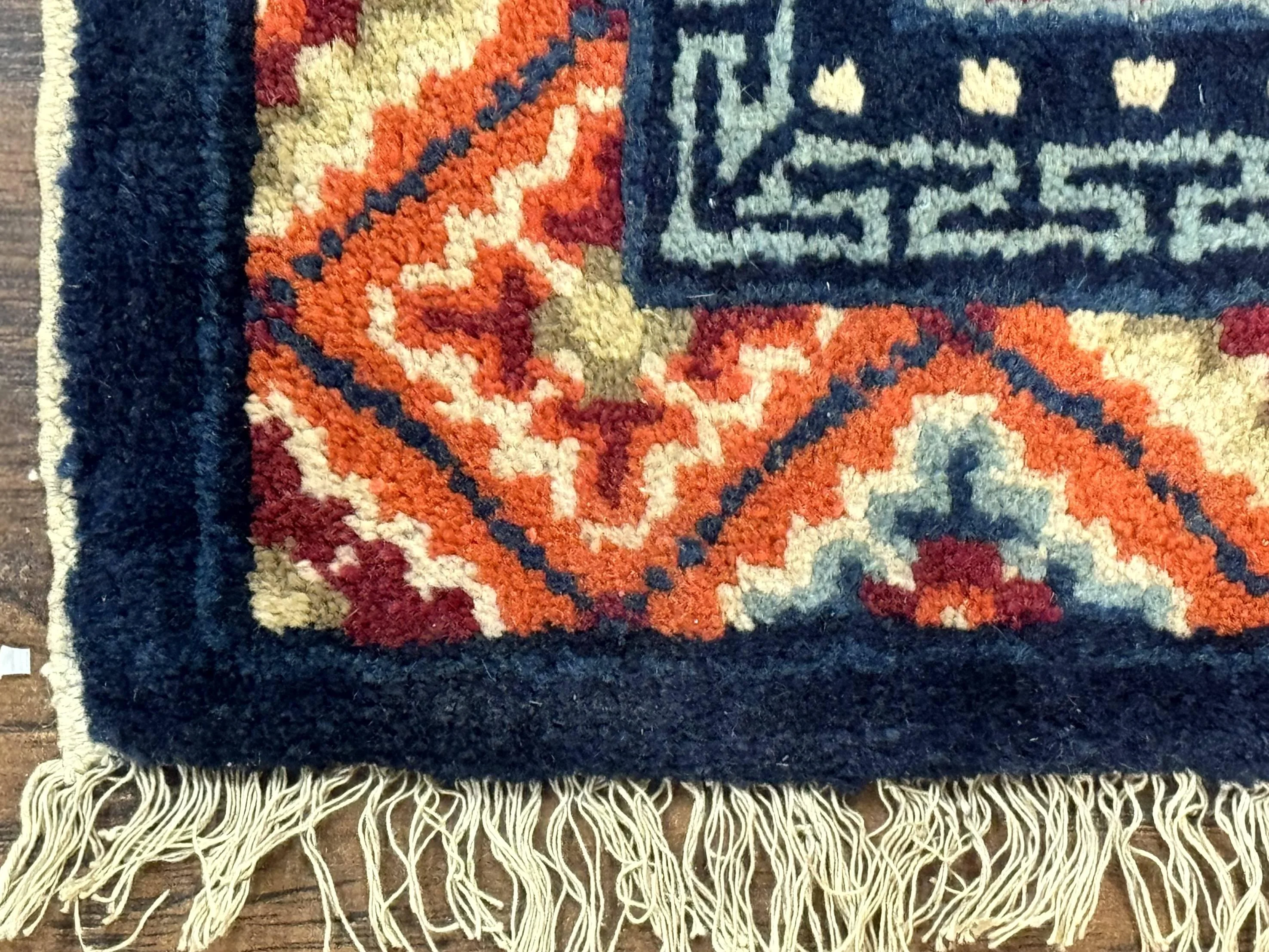Small Antique Chinese Square Rug 2x3, Tibetan Rug, Red Orange Blue, 1920s Rug - Image 8