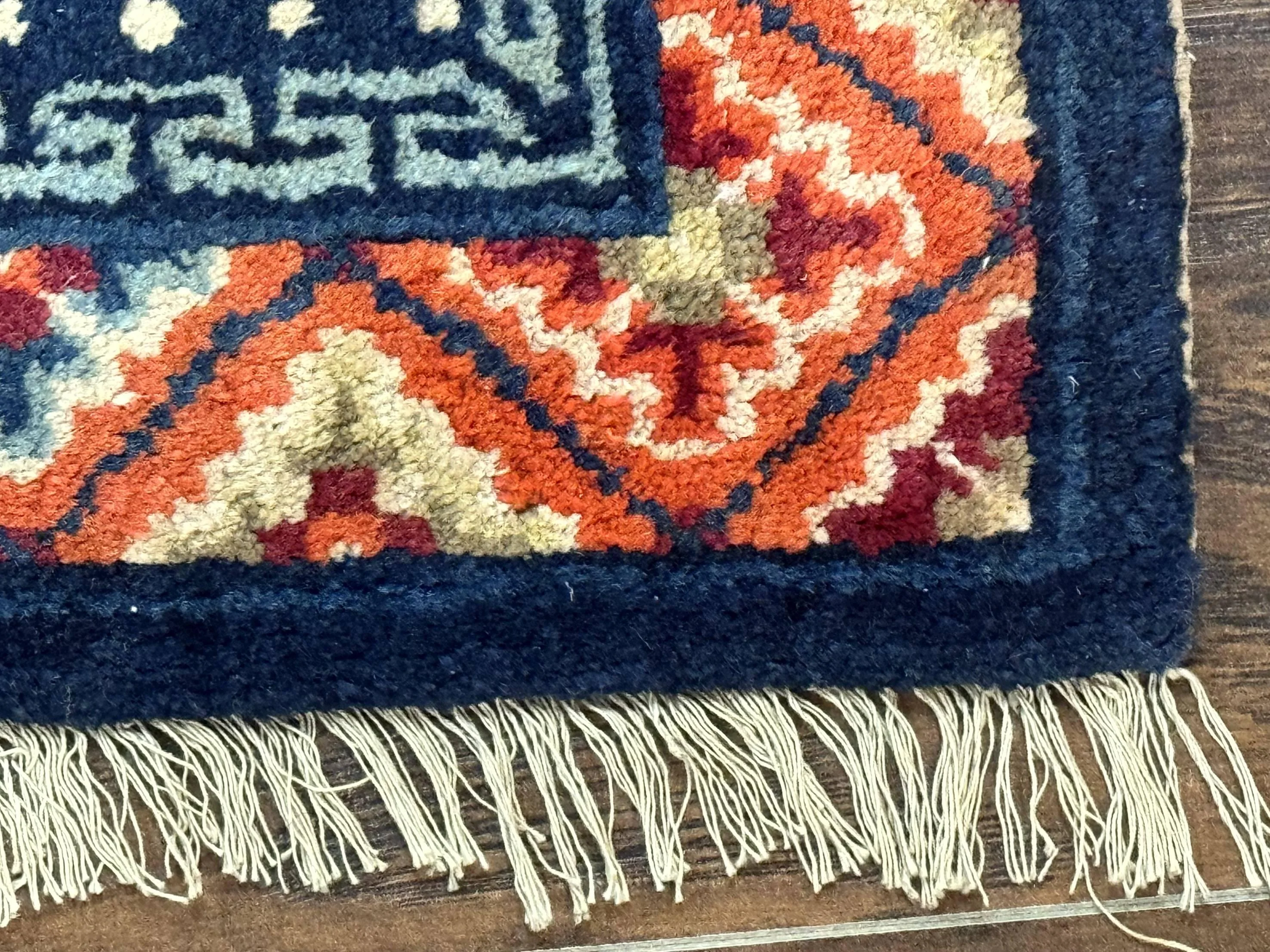 Small Antique Chinese Square Rug 2x3, Tibetan Rug, Red Orange Blue, 1920s Rug - Image 9