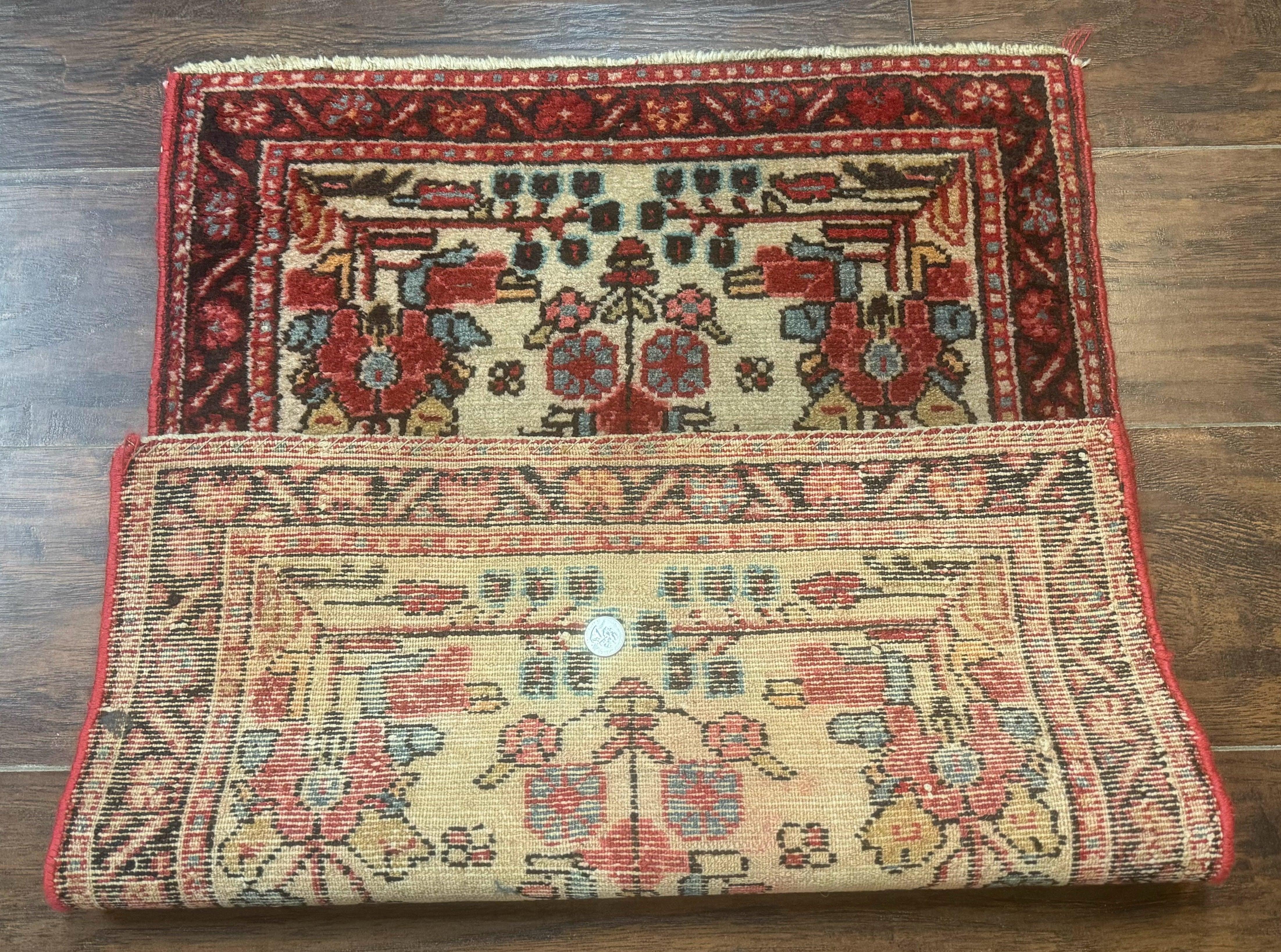 Small Antique Persian Rug 2x3, Beige and Red, Floral, Wool, Hamadan Rug - Image 9