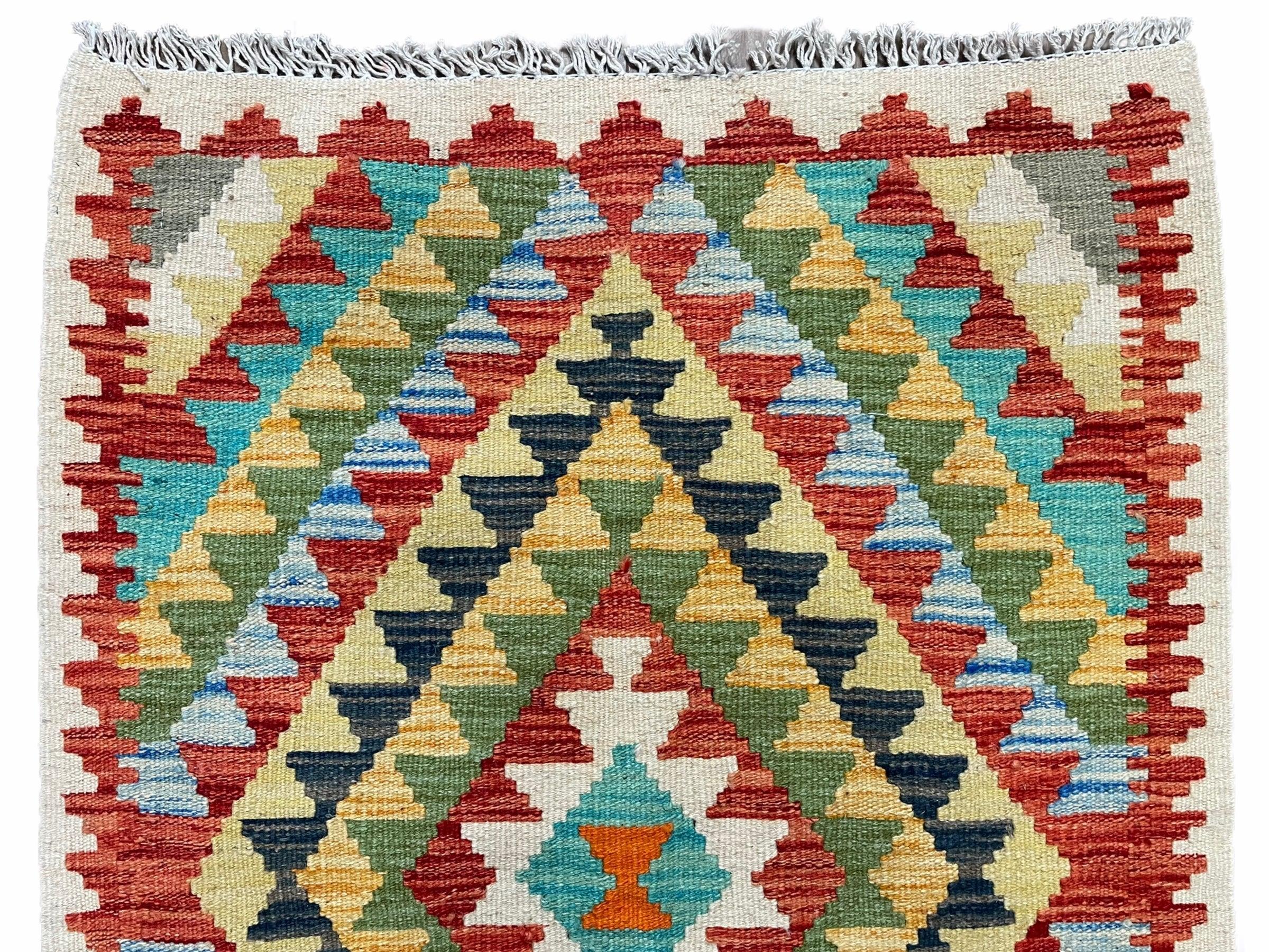 Small Kilim Rug 2x3 Colorful Turkish Kilim Accent Rug New Flatweave Wool Kilim Chobi Kilim Diamond Zigzag Playroom Rug - Image 4
