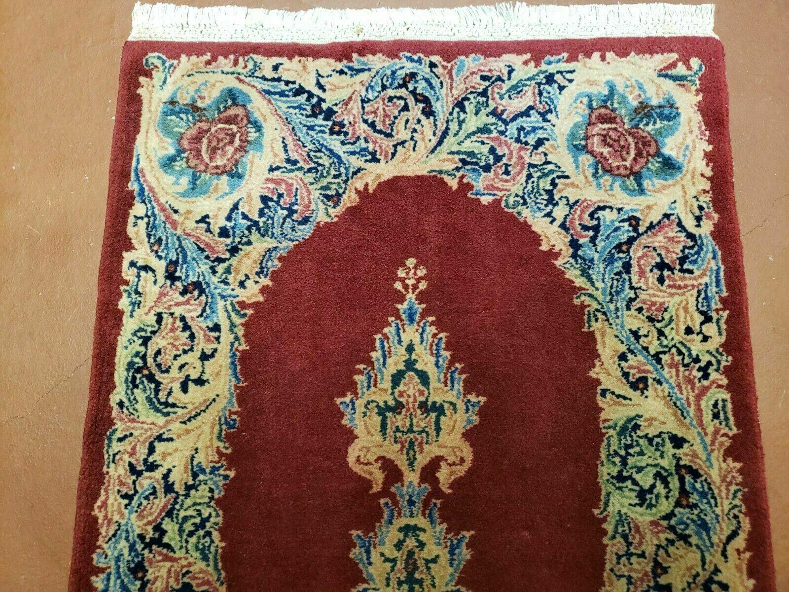 Small Persian Kirman Rug 2x4, Wool Oriental Vintage Handmade Carpet, Hand Knotted Floral Medallion, Red & Beige, Semi Open Field - Image 2