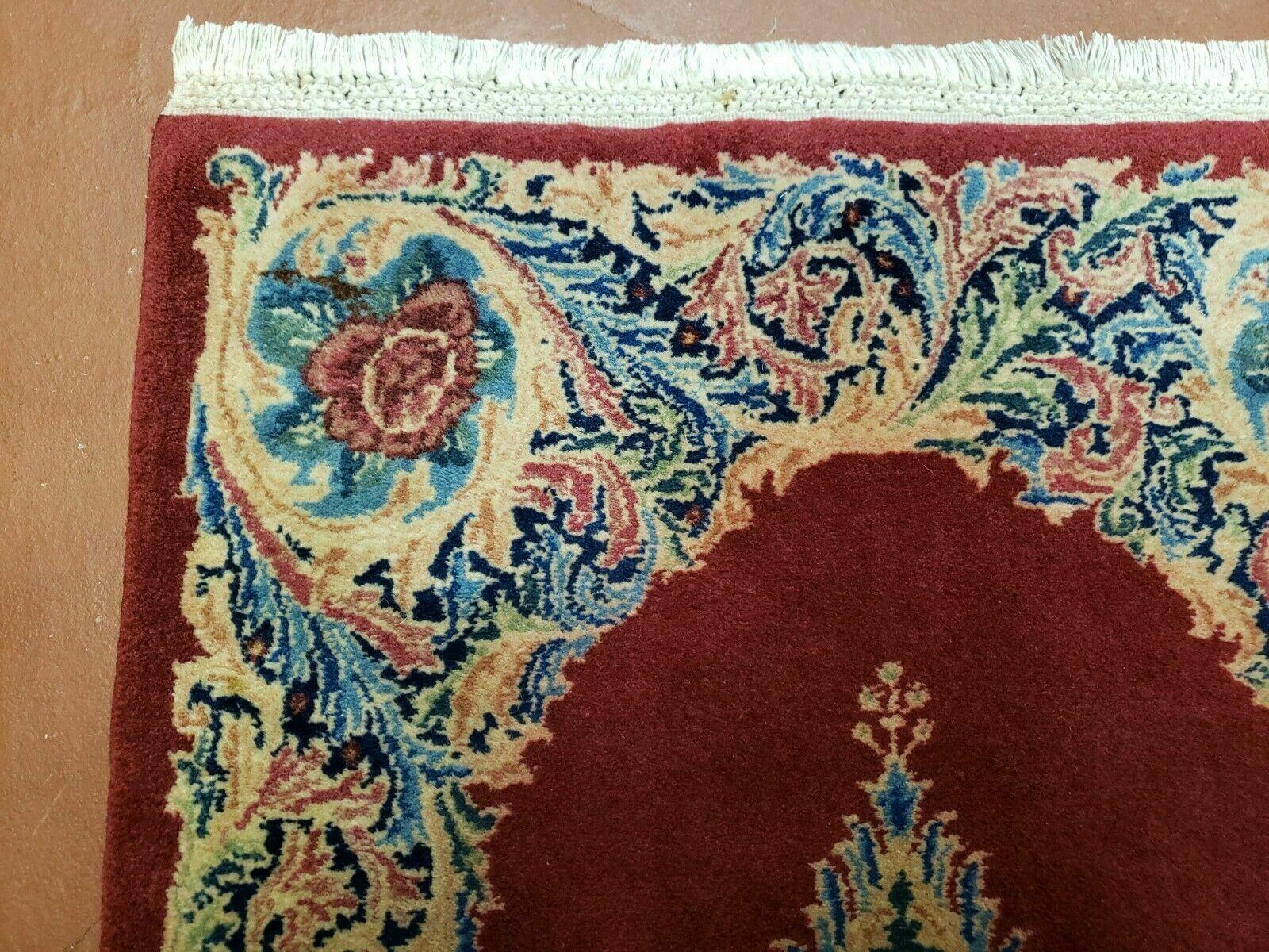 Small Persian Kirman Rug 2x4, Wool Oriental Vintage Handmade Carpet, Hand Knotted Floral Medallion, Red & Beige, Semi Open Field - Image 5