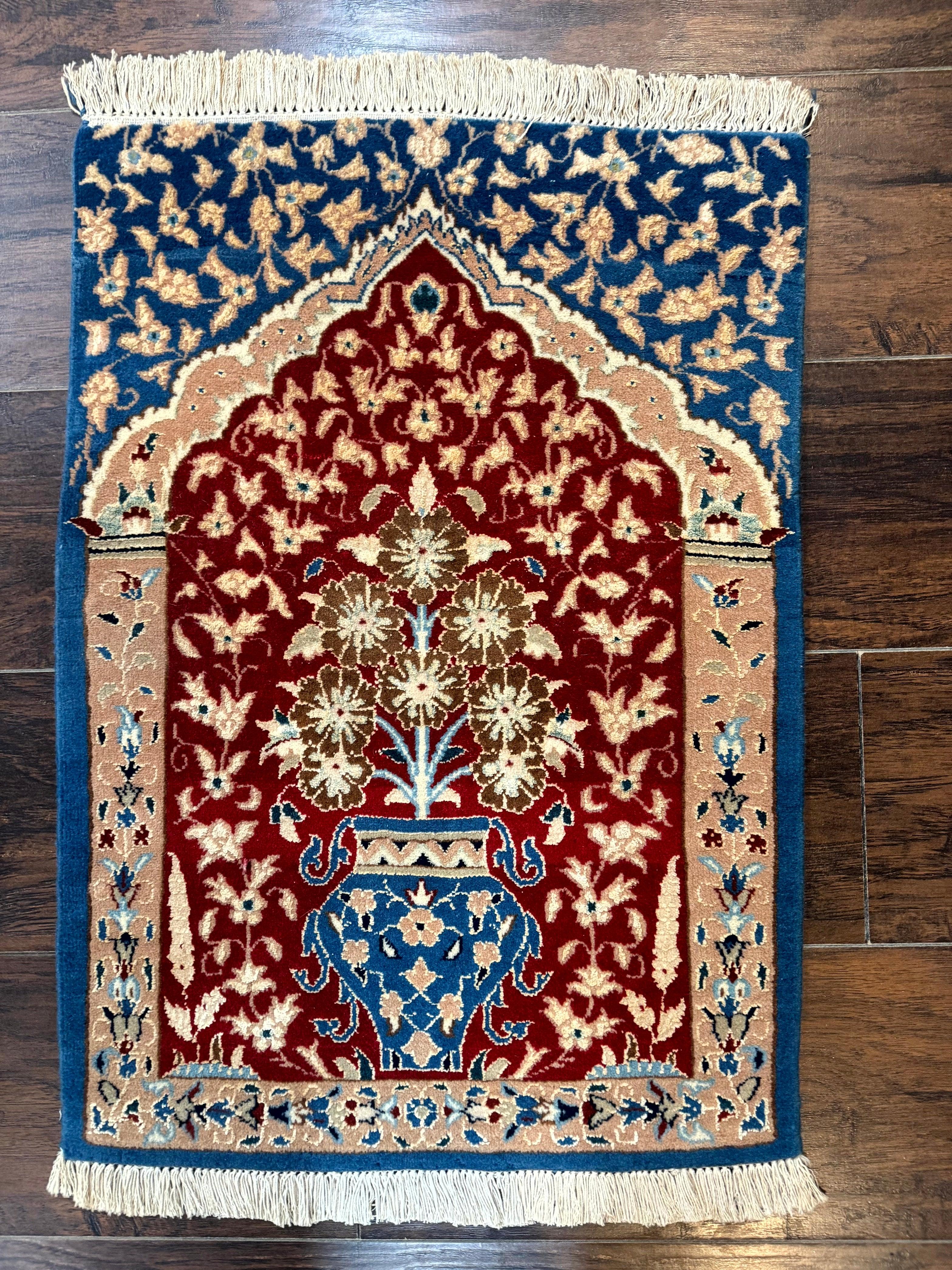 Small Persian Nain Rug, Persian Vase Tree of Life Design, Red and Blue, Very Fine 260 KPSI, Wool and Silk Highlights