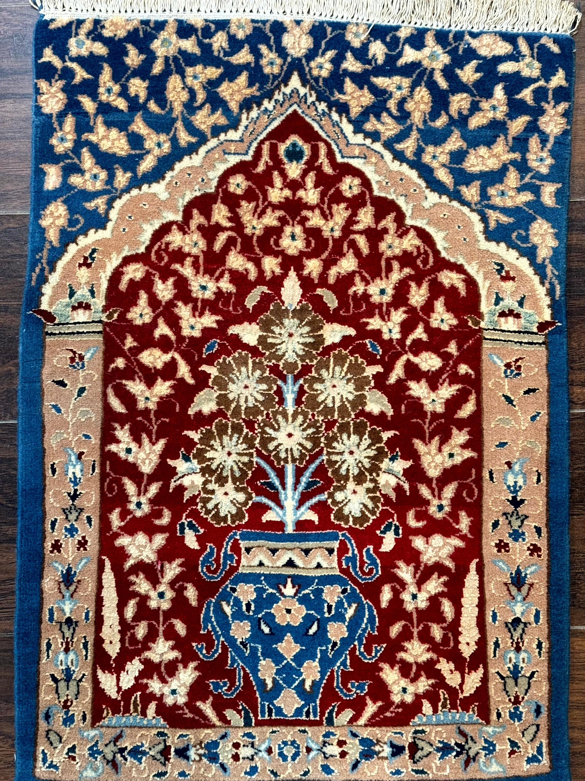 Small Persian Nain Rug, Persian Vase Tree of Life Design, Red and Blue, Very Fine 260 KPSI, Wool and Silk Highlights - Image 2