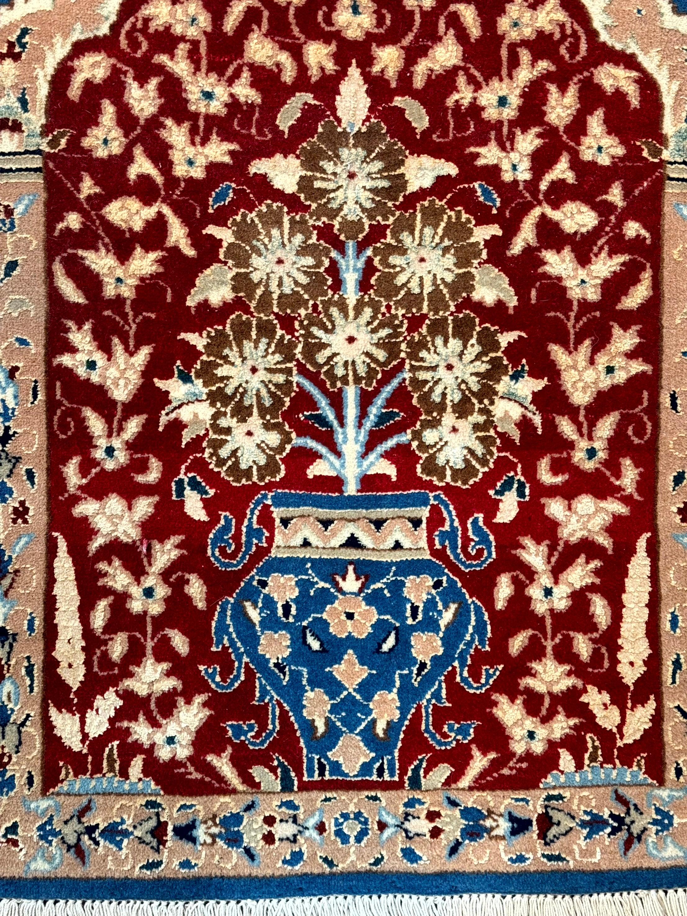 Small Persian Nain Rug, Persian Vase Tree of Life Design, Red and Blue, Very Fine 260 KPSI, Wool and Silk Highlights - Image 4