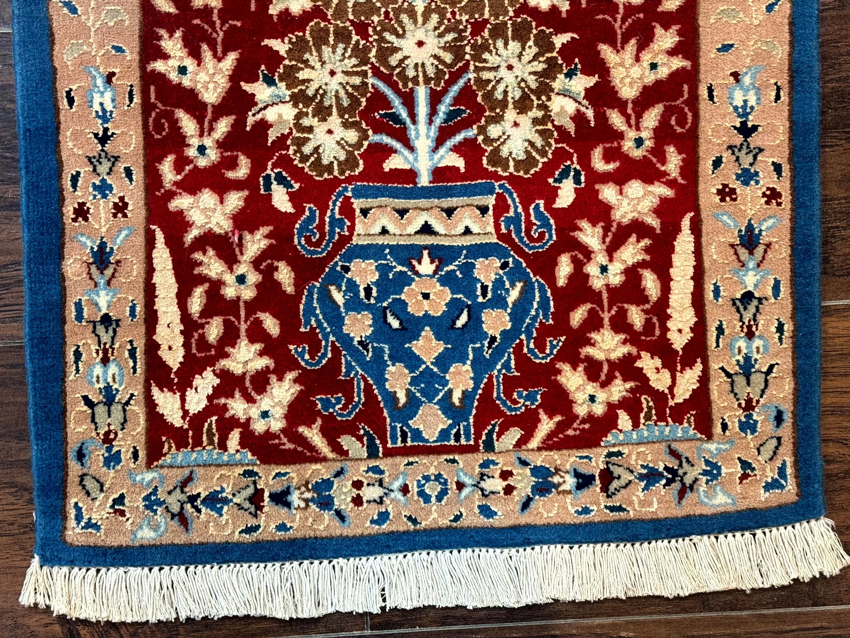 Small Persian Nain Rug, Persian Vase Tree of Life Design, Red and Blue, Very Fine 260 KPSI, Wool and Silk Highlights - Image 8