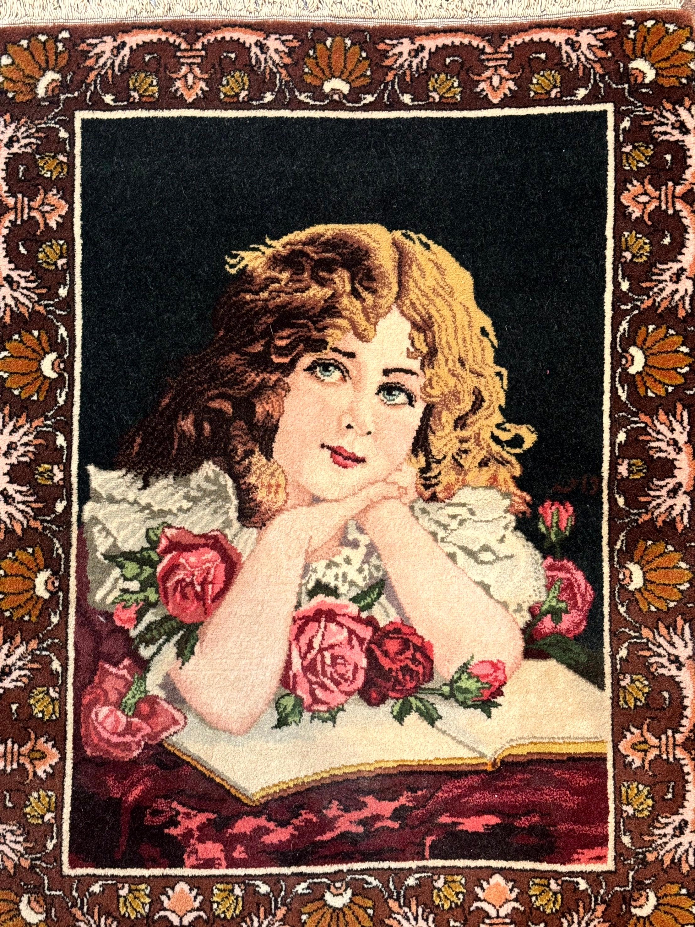 Small Persian Tabriz Pictorial Rug of Young Girl, Very Fine 380 KPSI, Portrait of Young Lady with Roses, Handmade, Persian Rug for Wall Hanging - Image 10