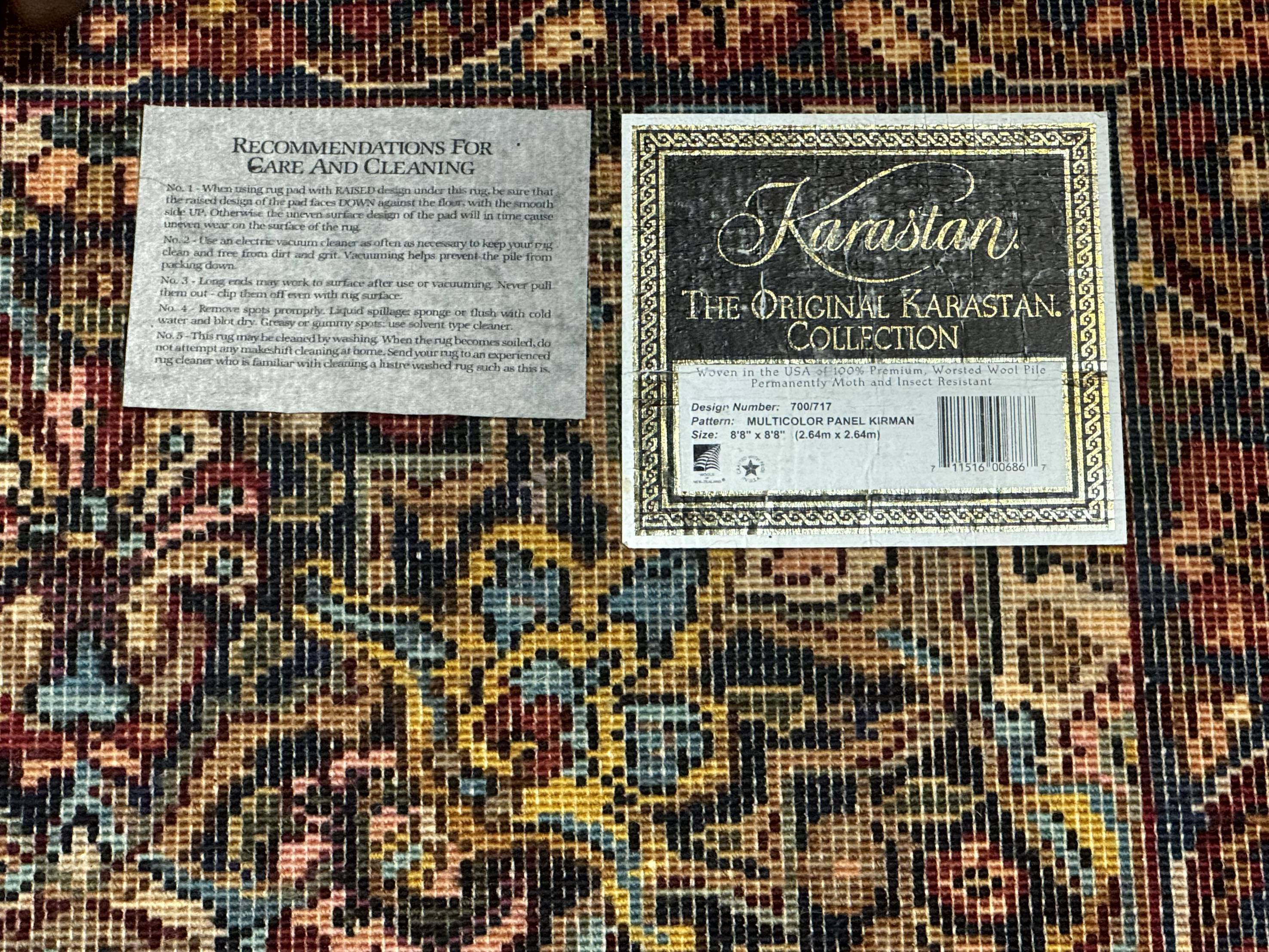 Square Karastan Multicolor Panel Kirman Rug #717, Rare Size 8.8 x 8.8, Original 700 Series, Wool - Image 10
