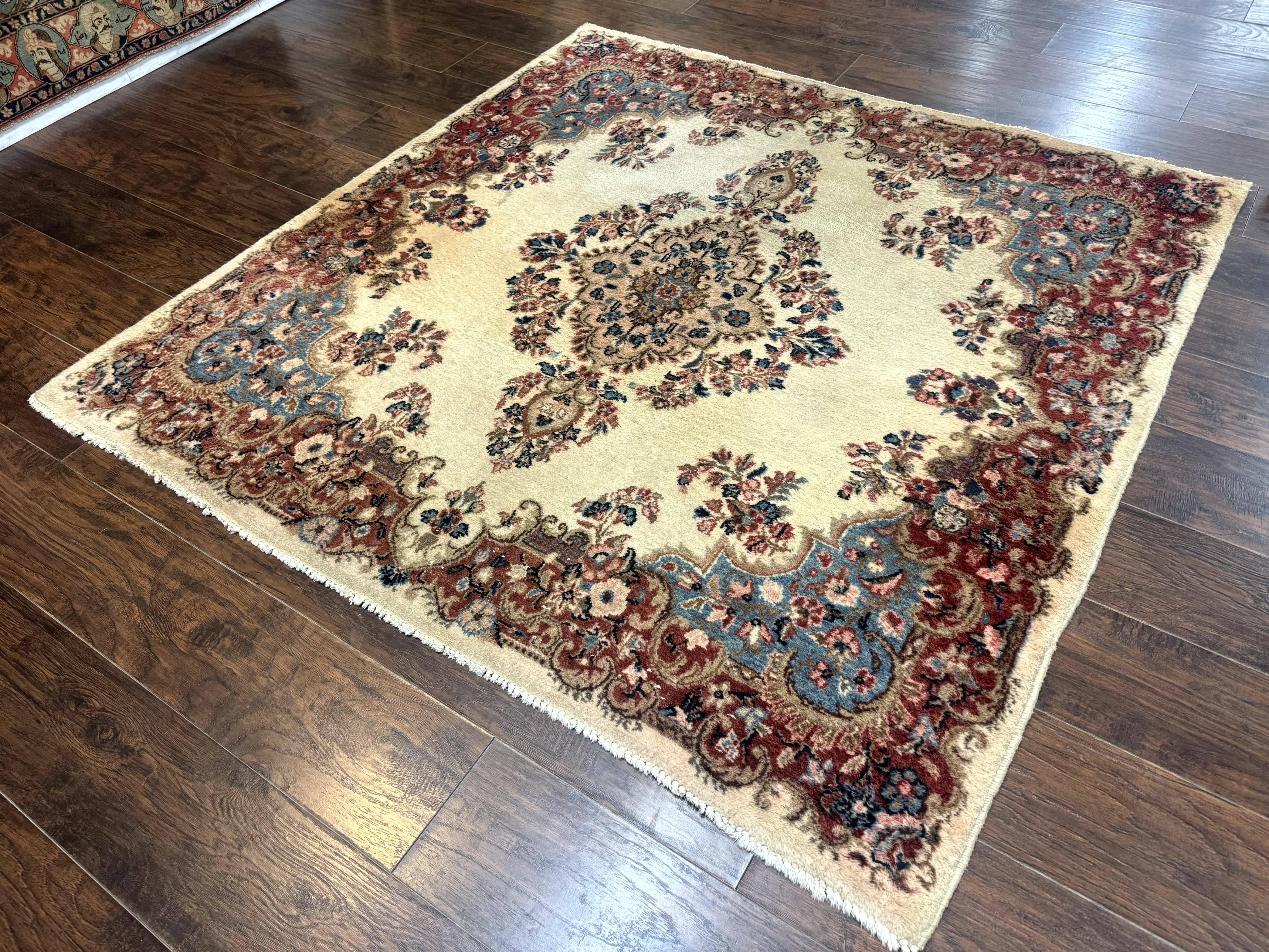Square Persian Kerman Rug, Beige/Cream and Light Blue, Traditional Persian Rug, 5.5 x 5.5 ft - Image 2