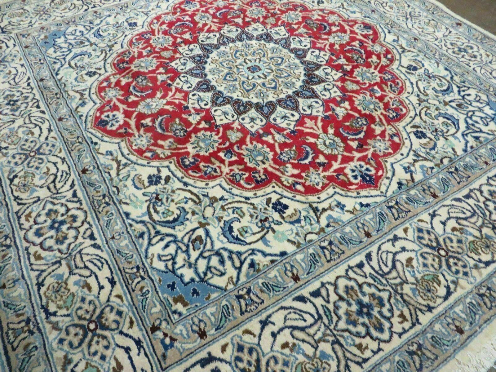 Square Persian Nain Rug 6'3" x 6' 8", Hand-Knotted, Wool with Silk Accents, Ivory Red Blue - Image 12