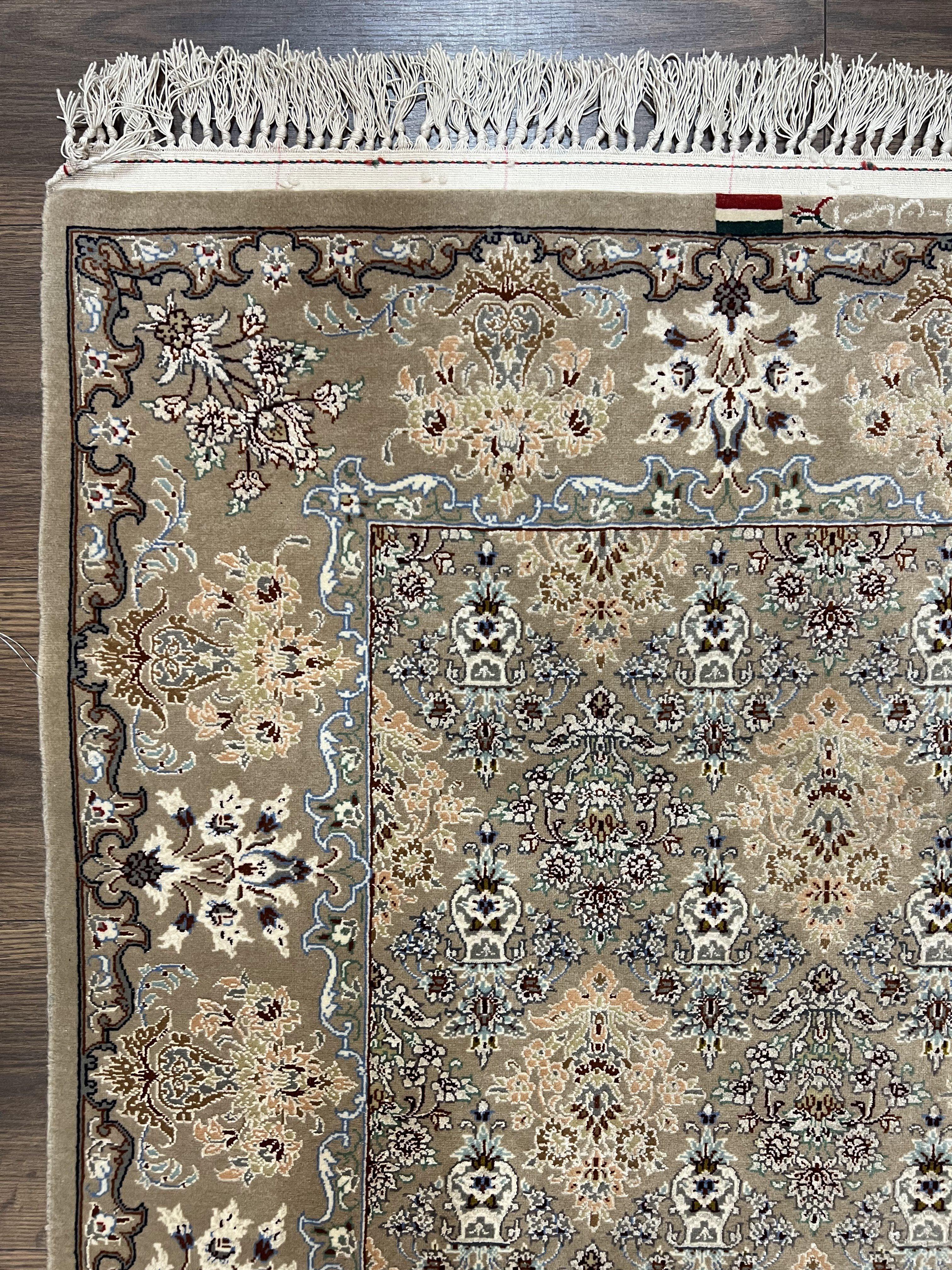 Super Fine Persian Isfahan Rug 3x5 ft, Kork Wool on Silk Foundation, Repeated Floral Motif, Taupe Tan Hand Knotted Oriental Carpet 3 x 5 ft, Signed - Image 3