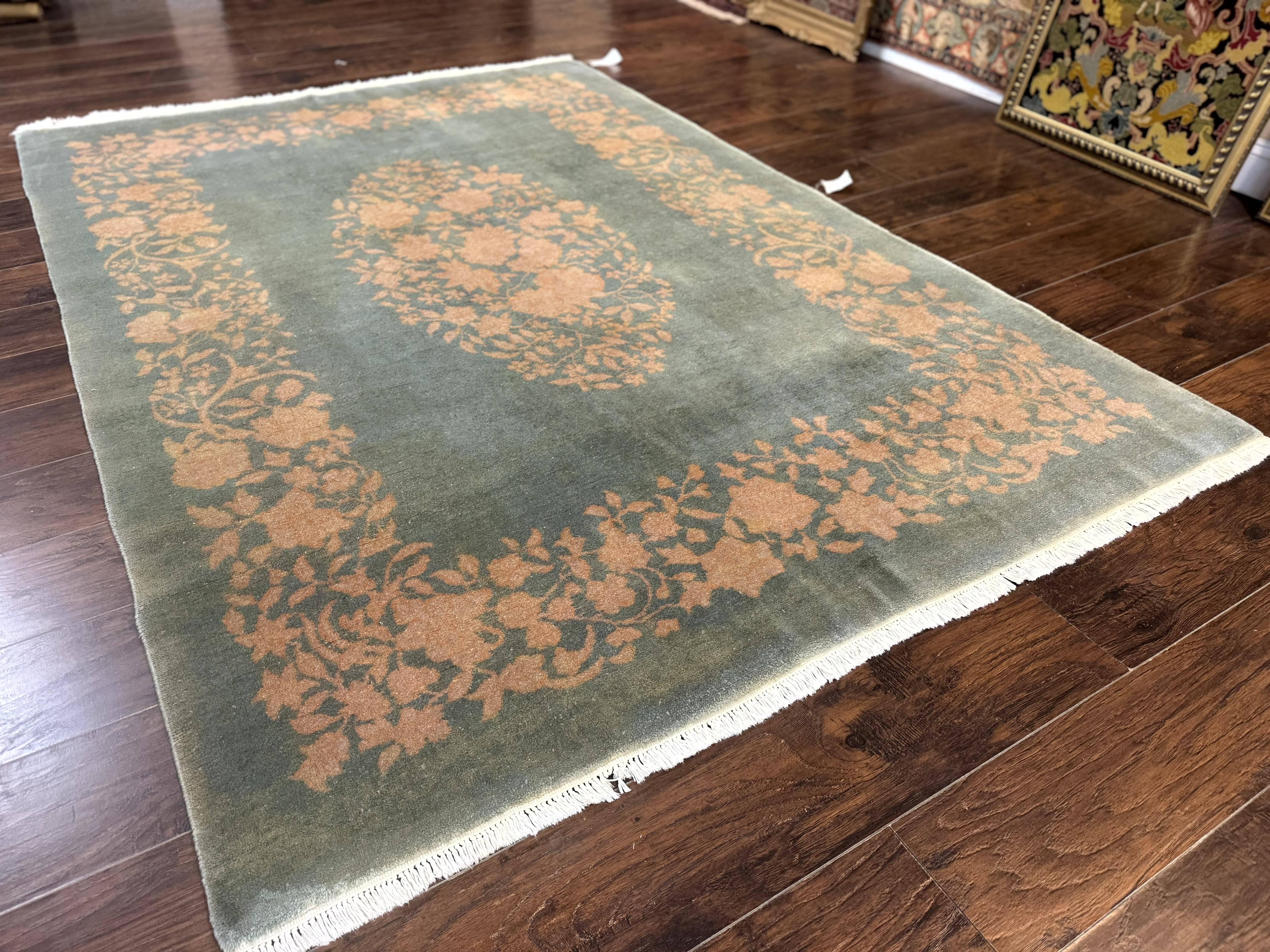 Teal Chinese Wool Rug 6x8, Vintage Handmade Carpet, Floral, Semi Open Field - Image 12
