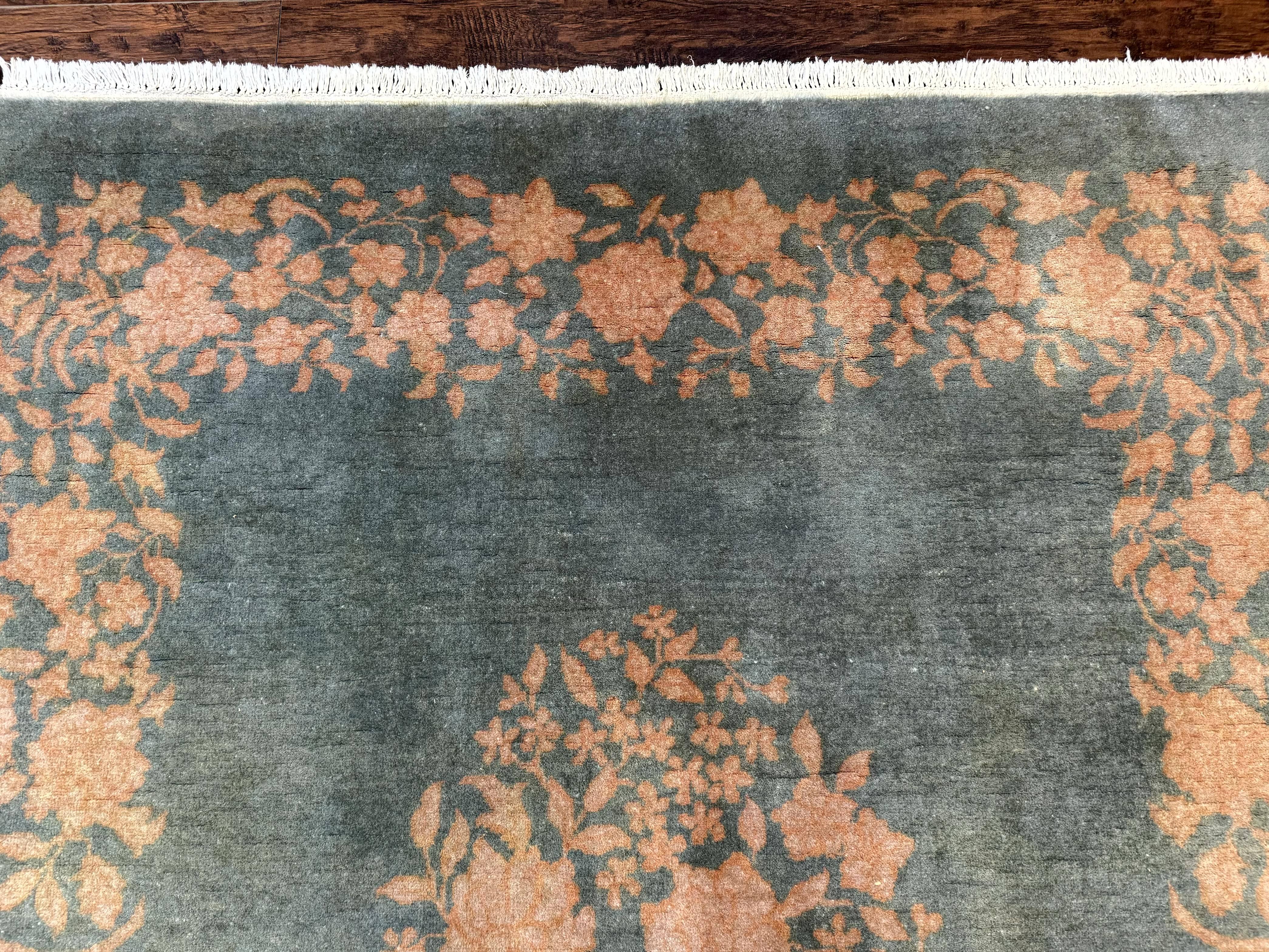 Teal Chinese Wool Rug 6x8, Vintage Handmade Carpet, Floral, Semi Open Field - Image 3