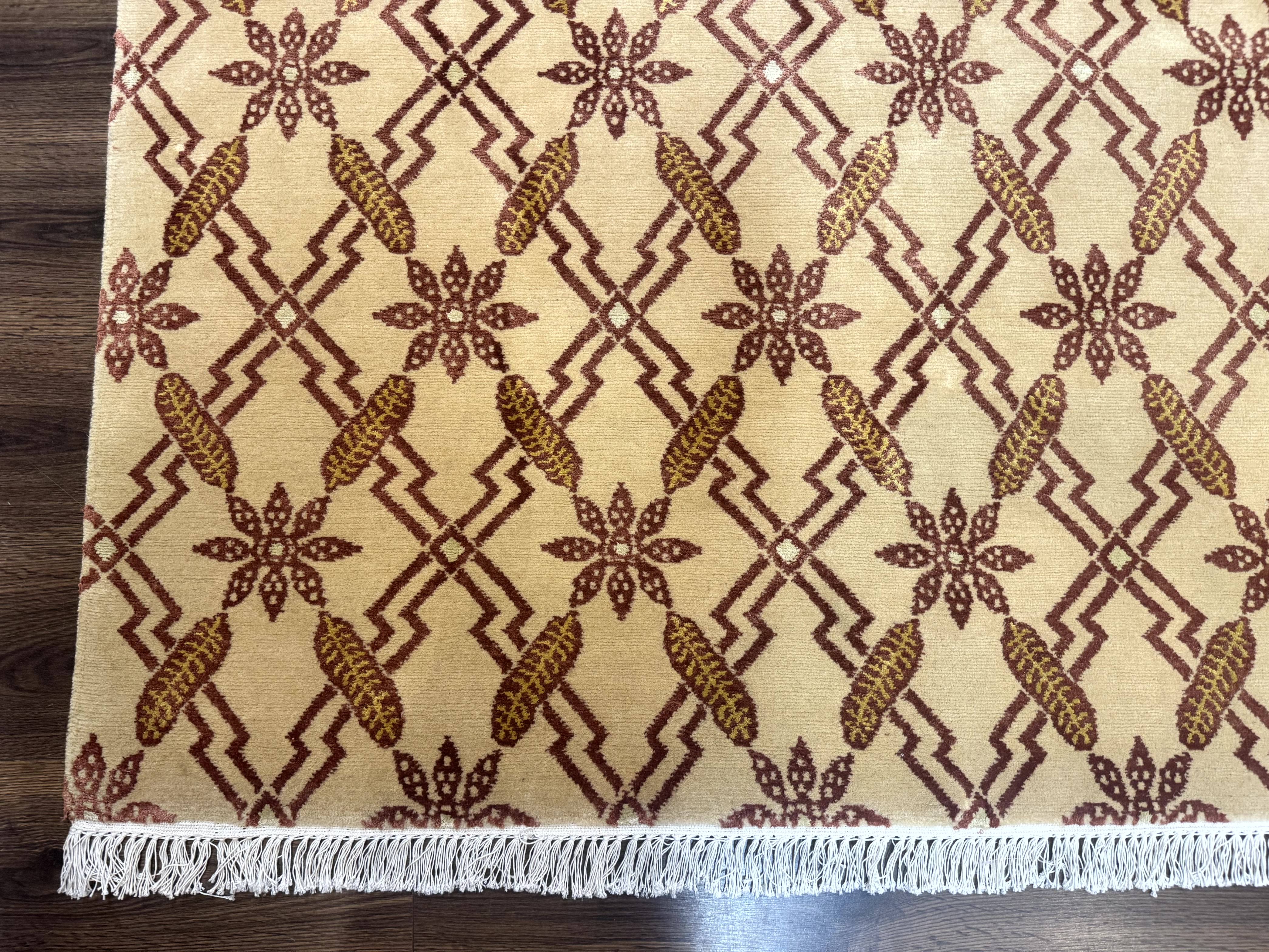 Tibetan Rug 8x10, Wool with Silk Highlights, Beige and Maroon, Contemporary Carpet - Image 8