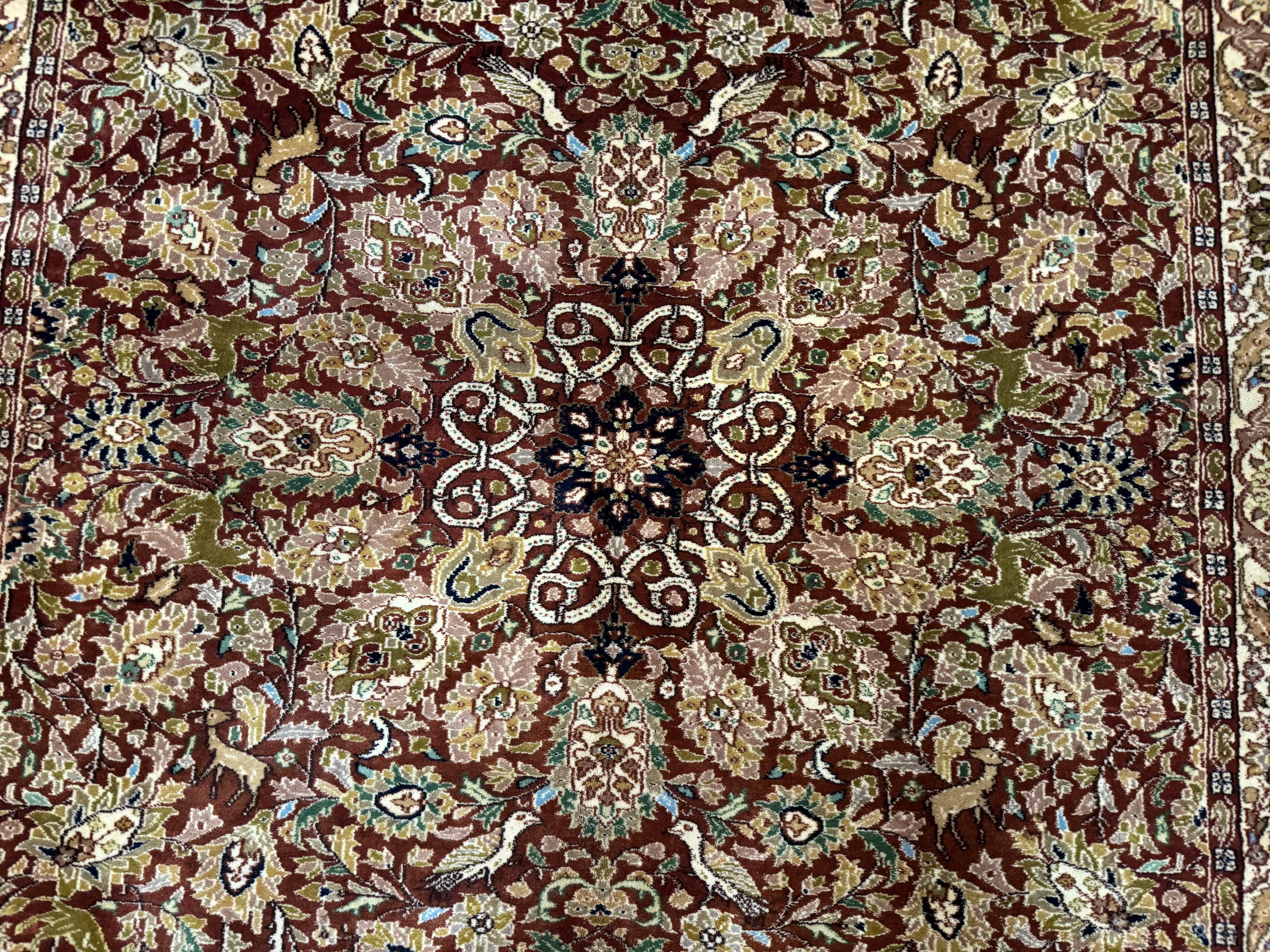 Tree of Life Indian Kashmiri Rug 6x9, Rust Red and Cream, Animal Pictorials, Fine 290 KPSI - Image 4