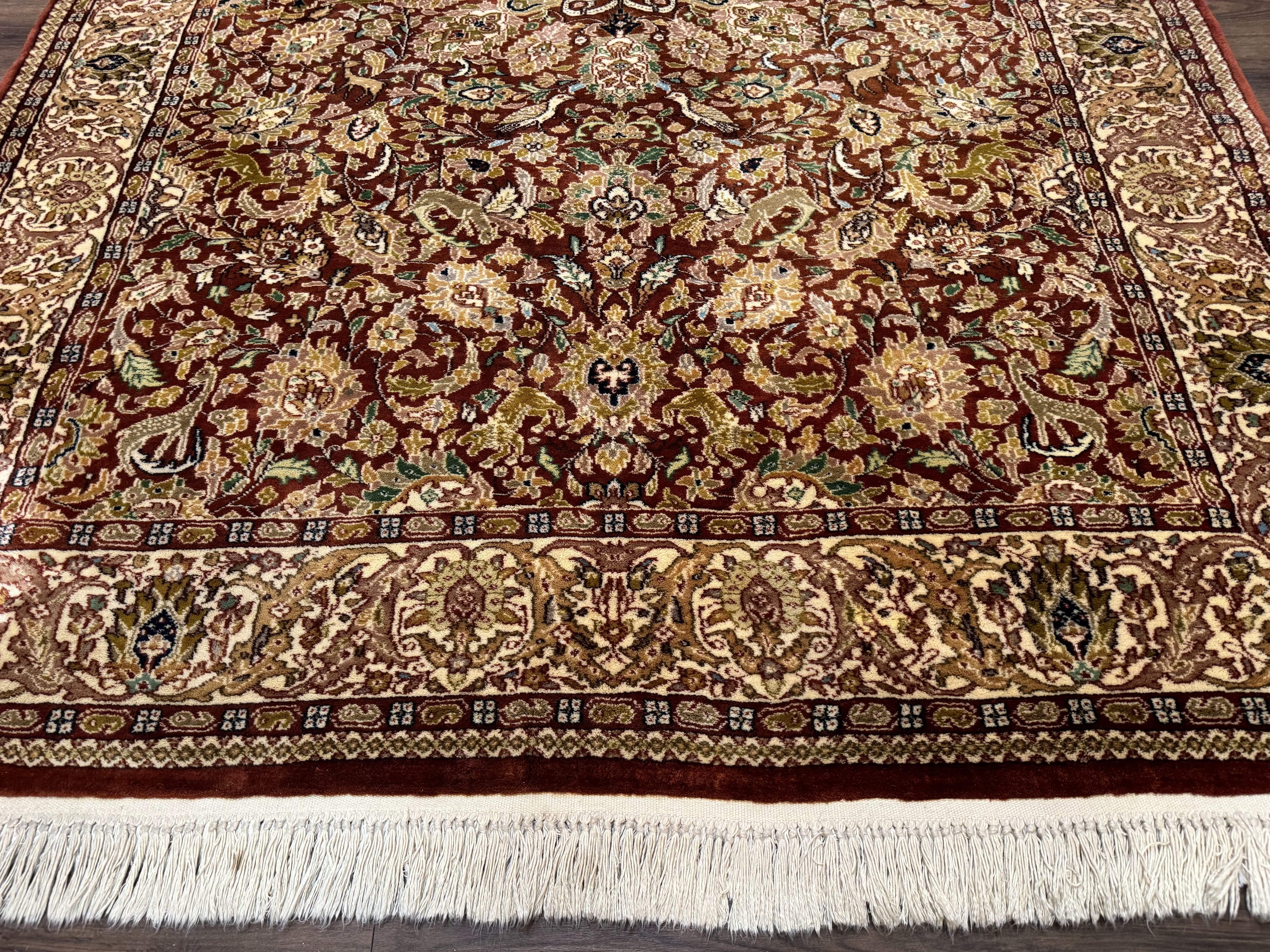Tree of Life Indian Kashmiri Rug 6x9, Rust Red and Cream, Animal Pictorials, Fine 290 KPSI - Image 5