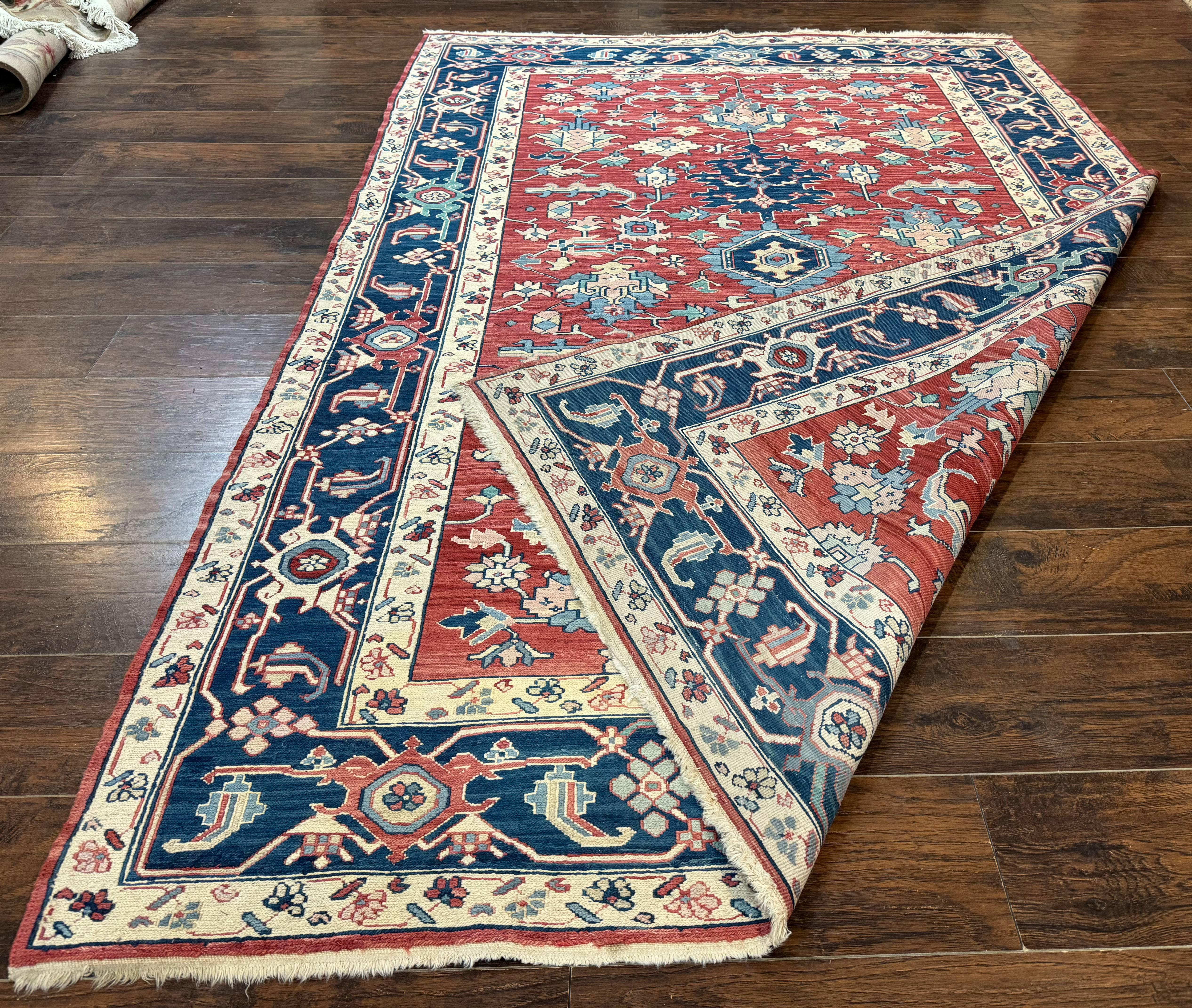 Turkish Flatweave Rug 6x9, Heriz Design, Red and Blue - Image 11