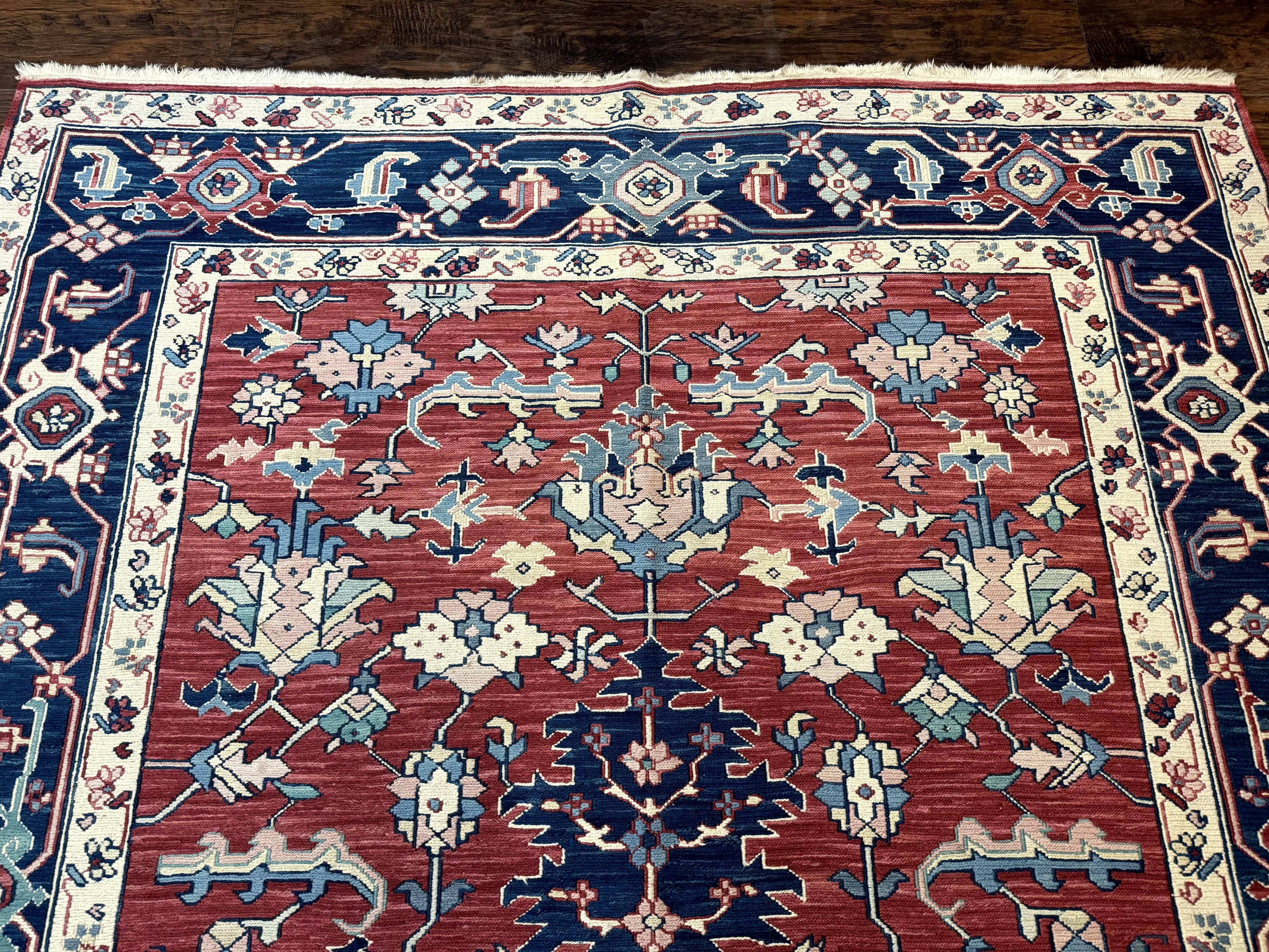 Turkish Flatweave Rug 6x9, Heriz Design, Red and Blue - Image 3